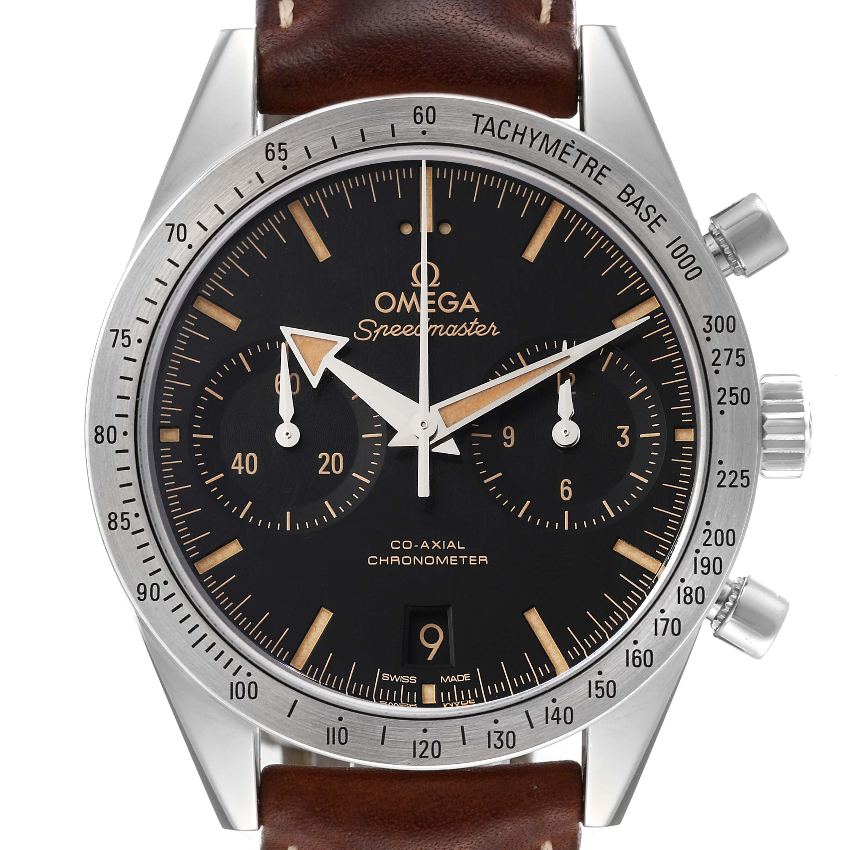 This image shows a frontal view of an Omega Speedmaster 331.12.42.51.01.002 Men
s Stainless Steel Black Dial 331.12.42.51.01.002 Men
s Stainless Steel Black Dial watch, highlighting the dial, bezel, crown, and leather strap.