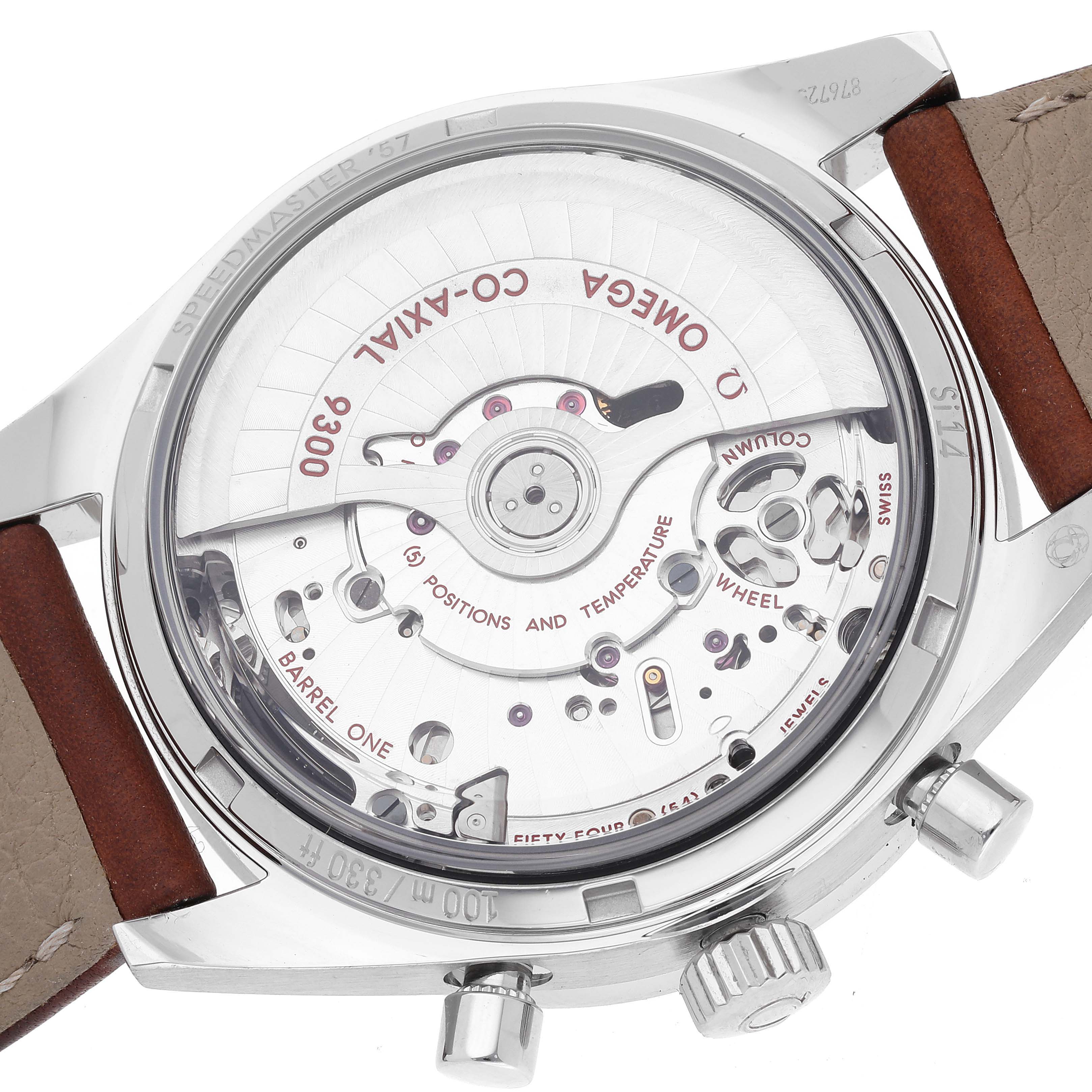 The image shows the back view of the Omega Speedmaster 331.12.42.51.01.002 Men
s Stainless Steel Black Dial 331.12.42.51.01.002 Men
s Stainless Steel Black Dial watch, highlighting its intricate movement and inner mechanical parts.