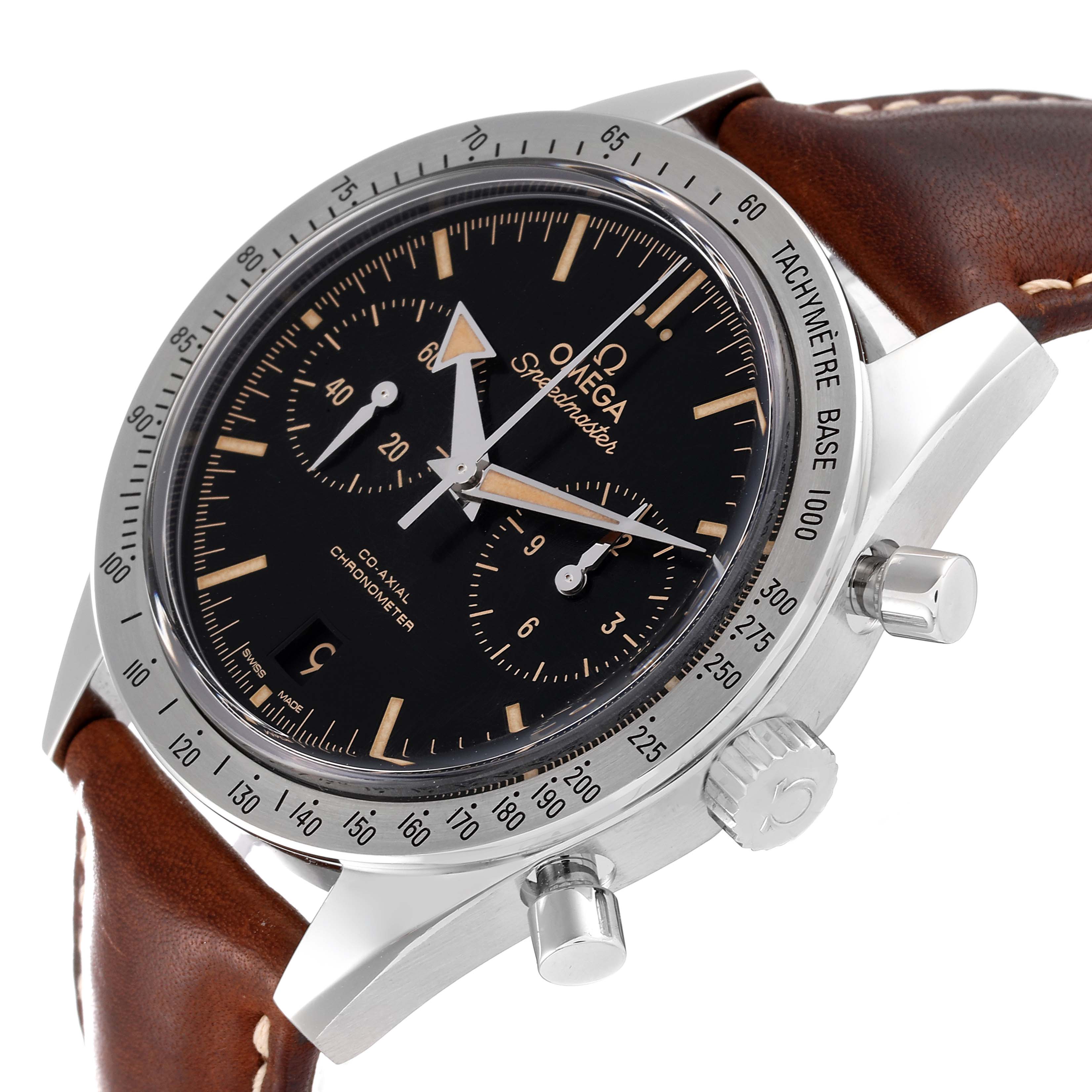 The Omega Speedmaster 331.12.42.51.01.002 Men
s Stainless Steel Black Dial 331.12.42.51.01.002 Men
s Stainless Steel Black Dial watch is shown at a slight angle, displaying the dial, bezel, tachymeter scale, and part of the leather strap.