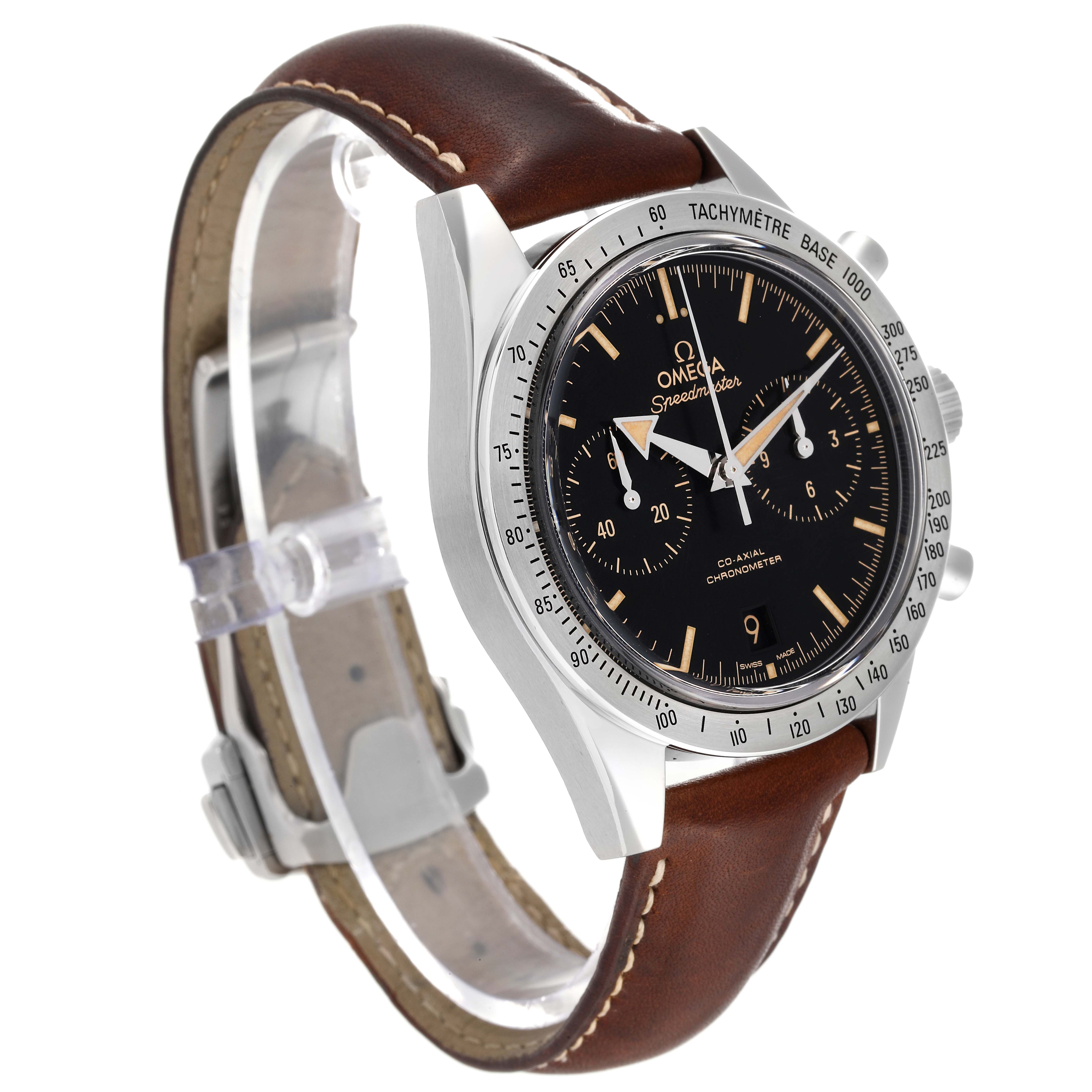 The image shows an Omega Speedmaster 331.12.42.51.01.002 Men
s Stainless Steel Black Dial 331.12.42.51.01.002 Men
s Stainless Steel Black Dial watch at an angle highlighting its face, bezel, and brown leather strap.