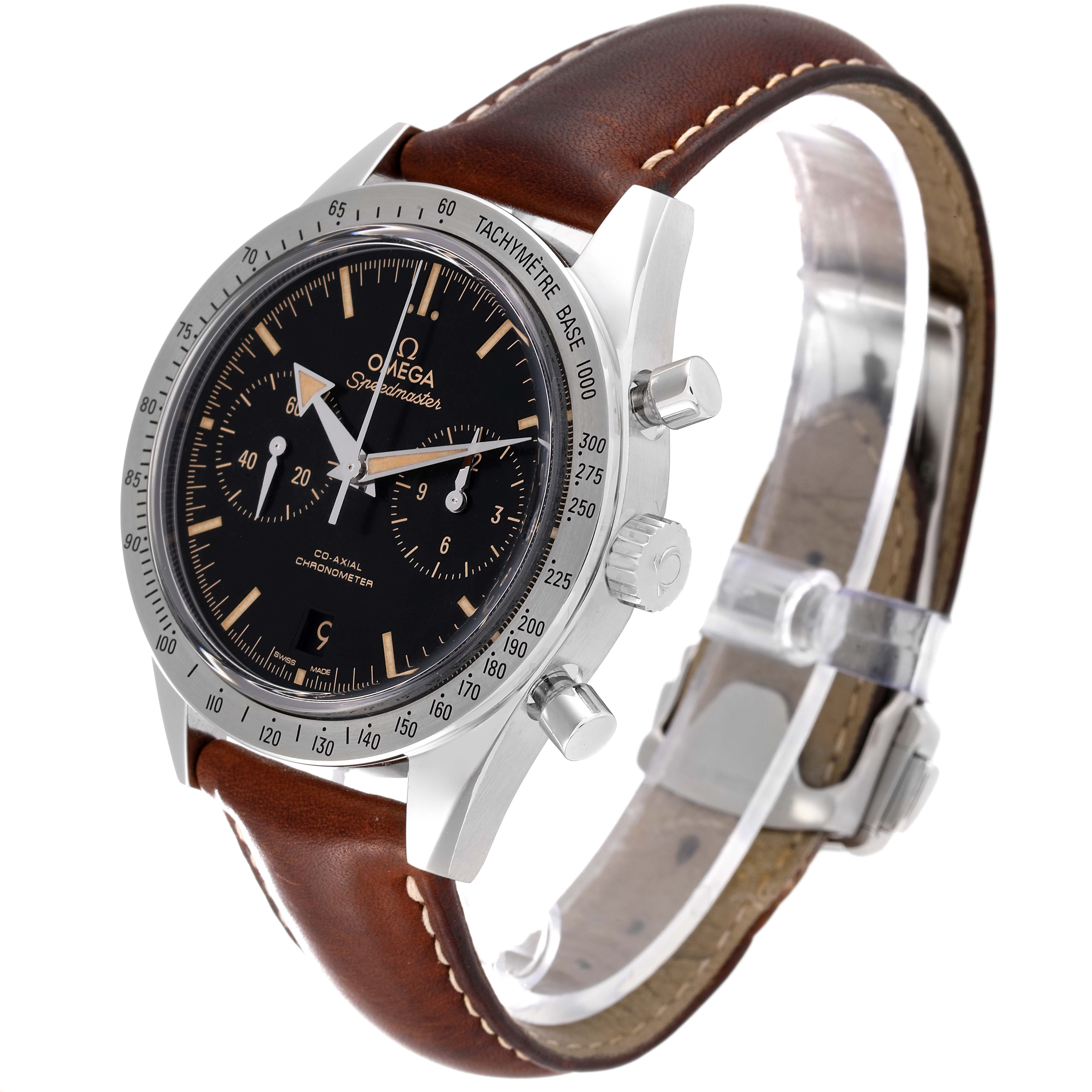 The Omega Speedmaster 331.12.42.51.01.002 Men
s Stainless Steel Black Dial 331.12.42.51.01.002 Men
s Stainless Steel Black Dial watch is displayed at a three-quarter angle, showcasing the case, dial, chronograph buttons, and leather strap.