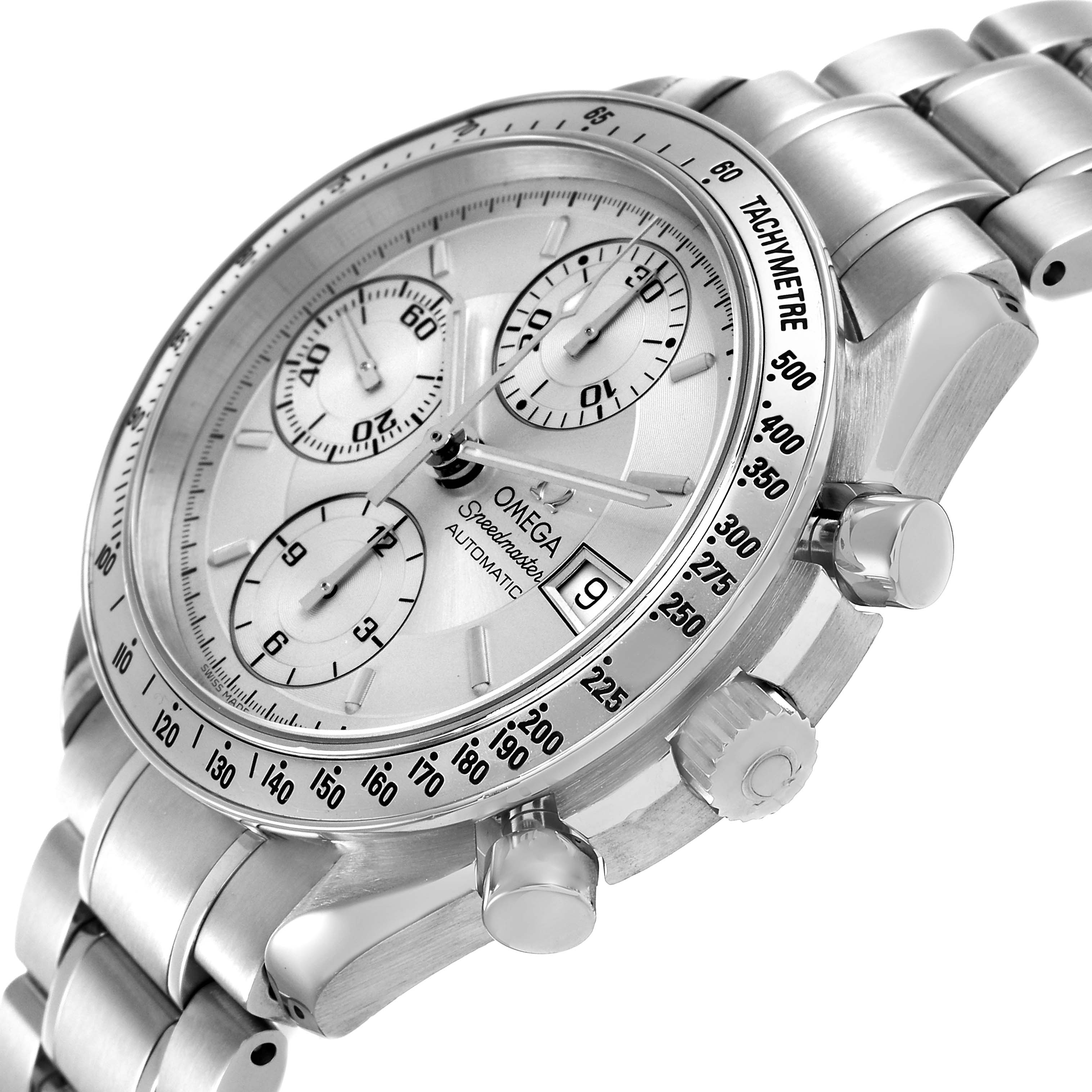 The Omega Speedmaster 3513.30.00 Men's Stainless Steel Silver Dial watch is shown at an angle highlighting the tachymeter, subdials, crown, and pushers.