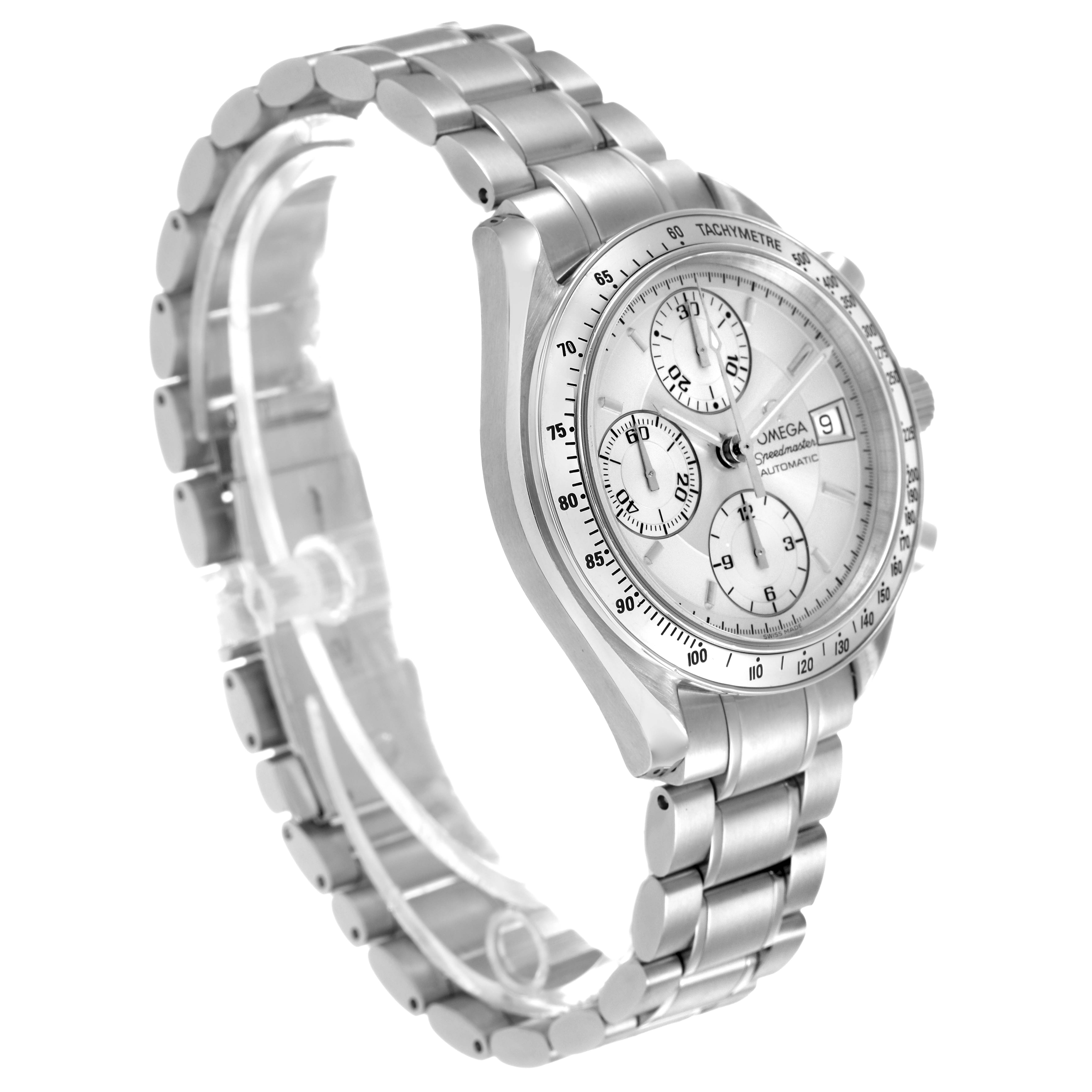 The Omega Speedmaster 3513.30.00 Men's Stainless Steel Silver Dial watch is shown at a three-quarter angle, displaying the dial, tachymeter bezel, bracelet, and side pushers.
