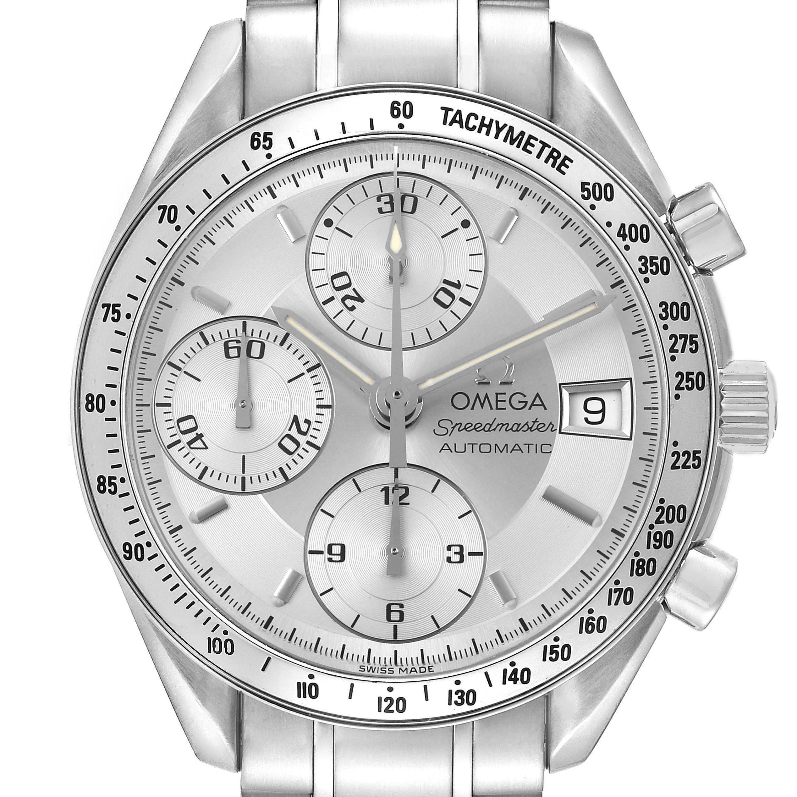 The Omega Speedmaster 3513.30.00 Men's Stainless Steel Silver Dial watch is shown from the front, highlighting the dial, subdials, date window, and tachymeter bezel.