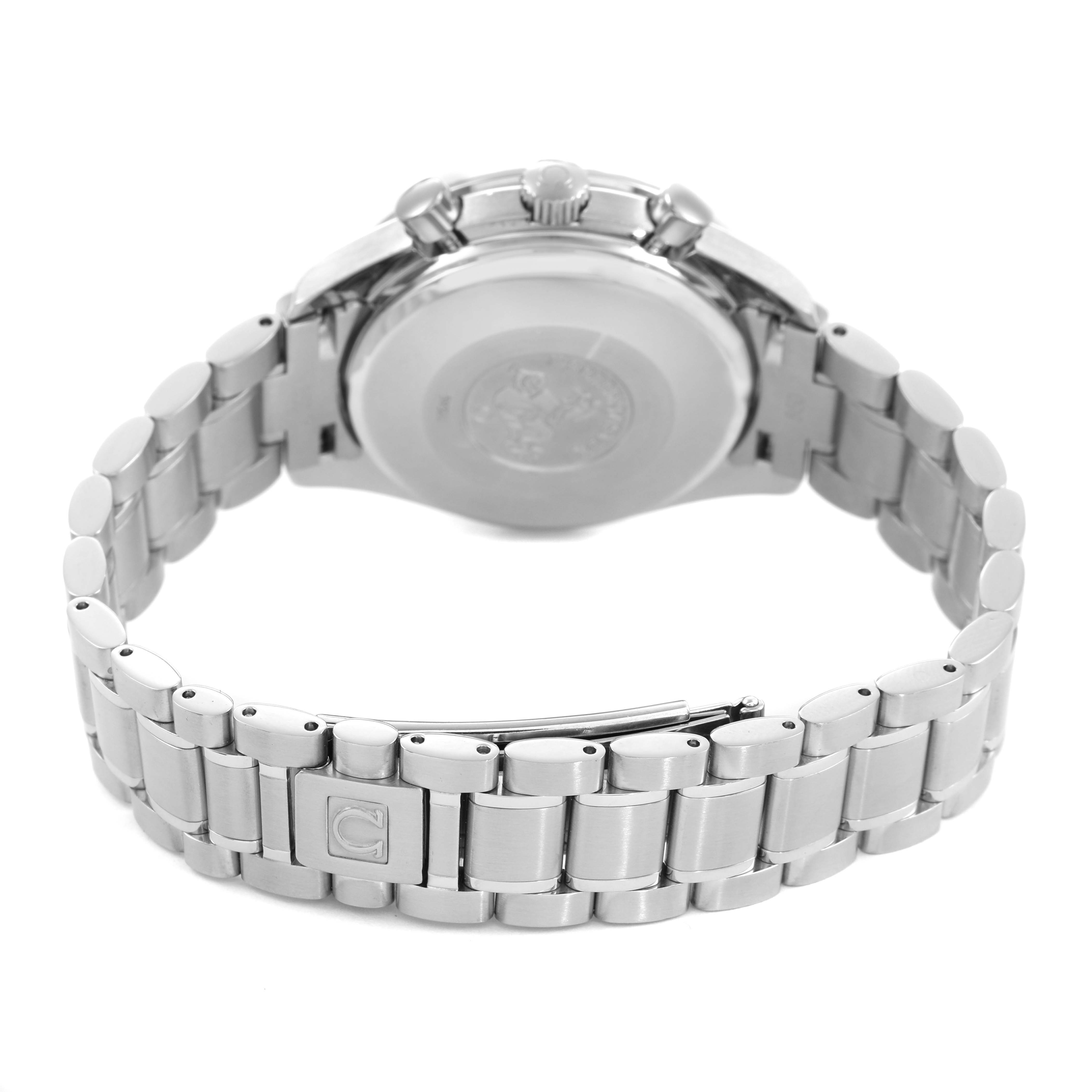The image shows the back and bracelet of an Omega Speedmaster 3513.30.00 Men's Stainless Steel Silver Dial, highlighting the clasp and case back.