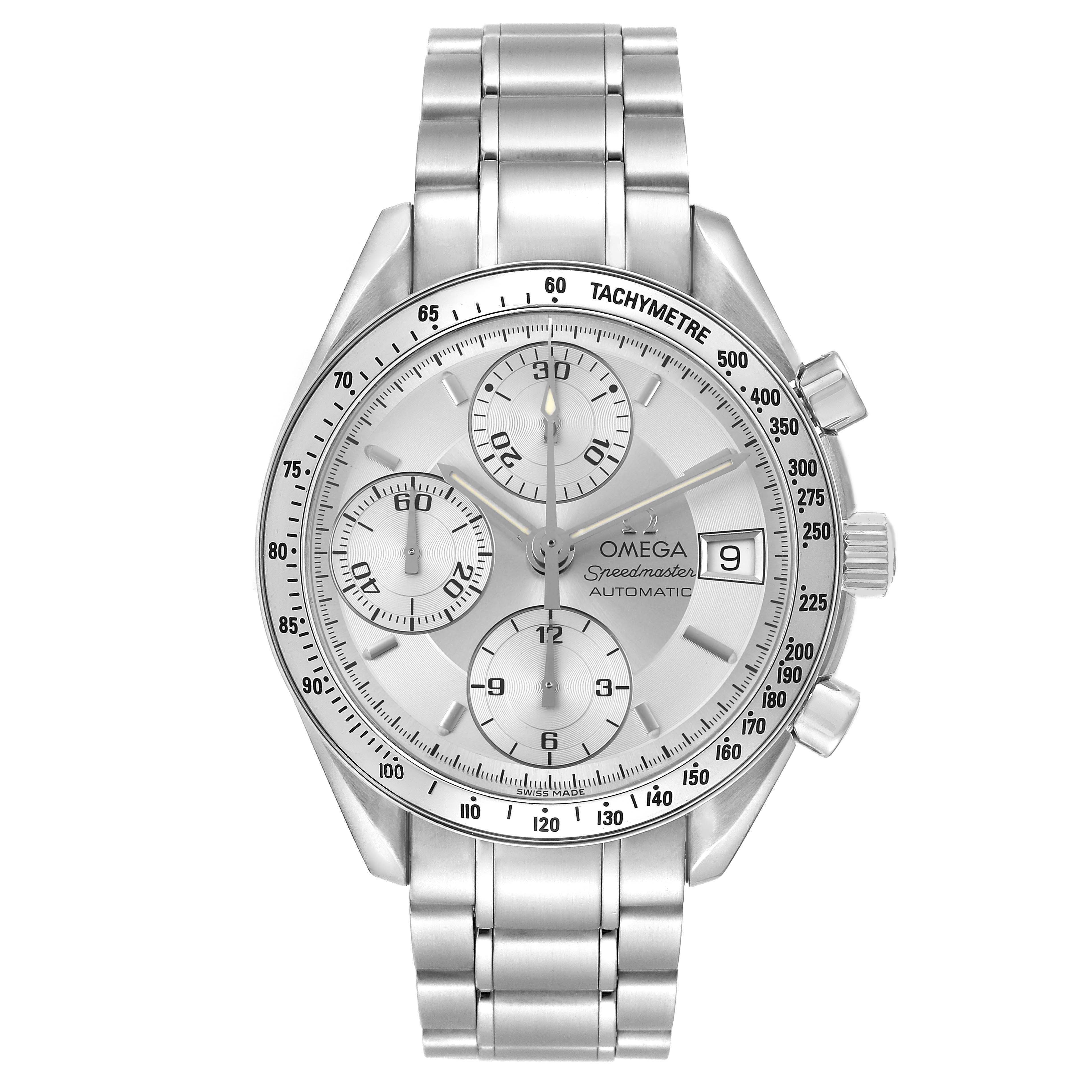 The image shows a front view of the Omega Speedmaster 3513.30.00 Men's Stainless Steel Silver Dial watch, highlighting its face, bezel, subdials, and stainless steel bracelet.
