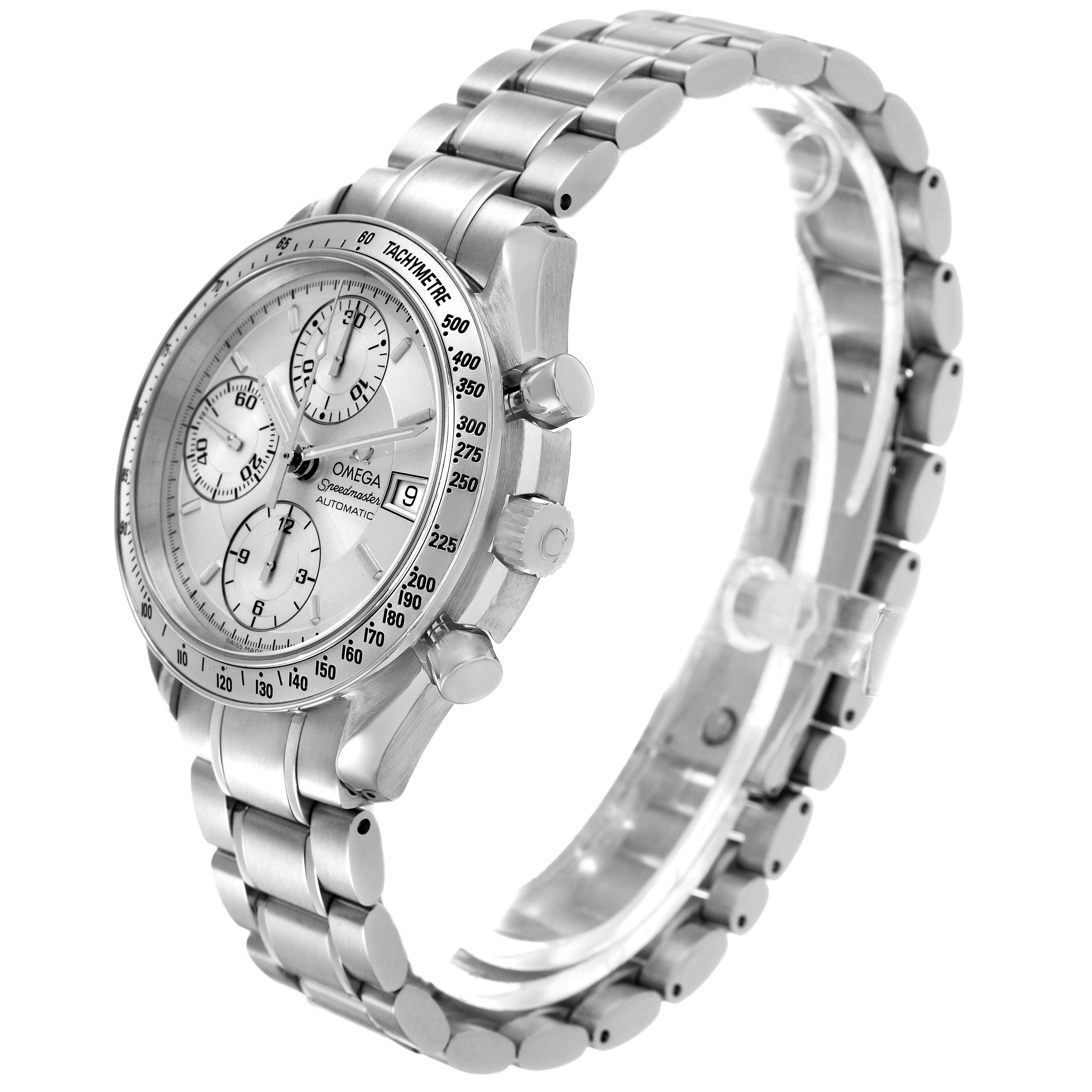 The Omega Speedmaster 3513.30.00 Men's Stainless Steel Silver Dial watch is shown in a side angle, displaying the dial, bezel, pushers, crown, and part of the bracelet.