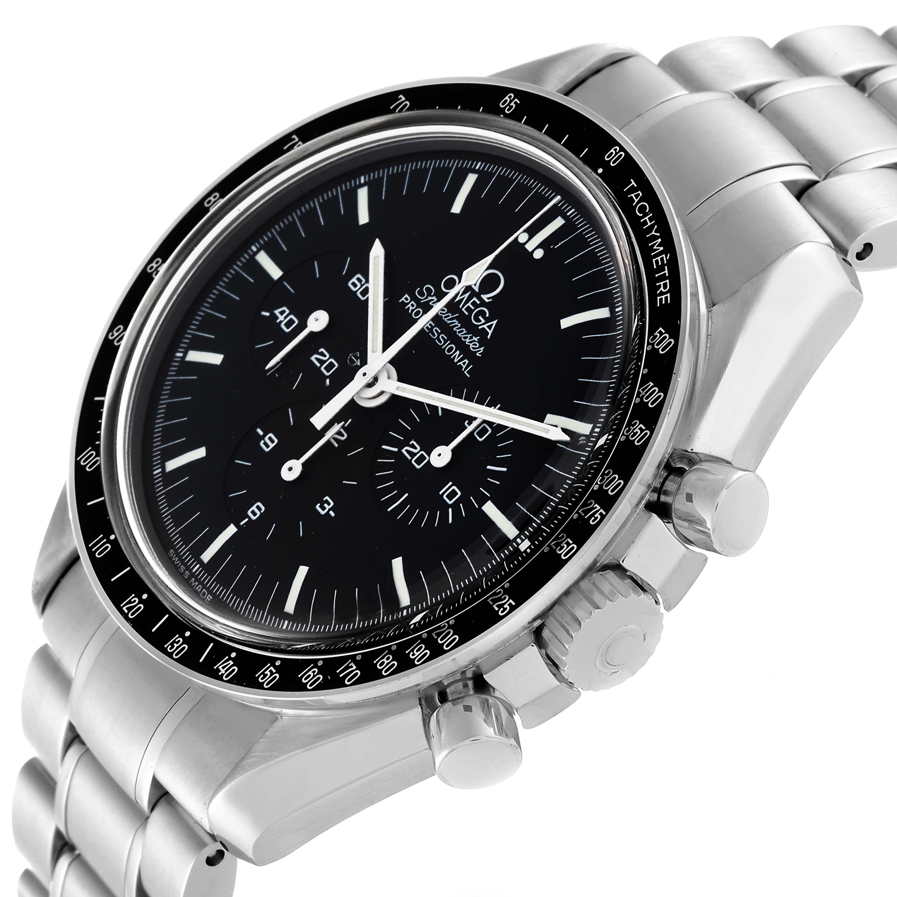The Omega Speedmaster 3570.50.00 Men
s Stainless Steel Black Dial 3570.50.00 Men
s Stainless Steel Black Dial watch is shown at a three-quarter angle, featuring the dial, bezel, crown, and pushers.