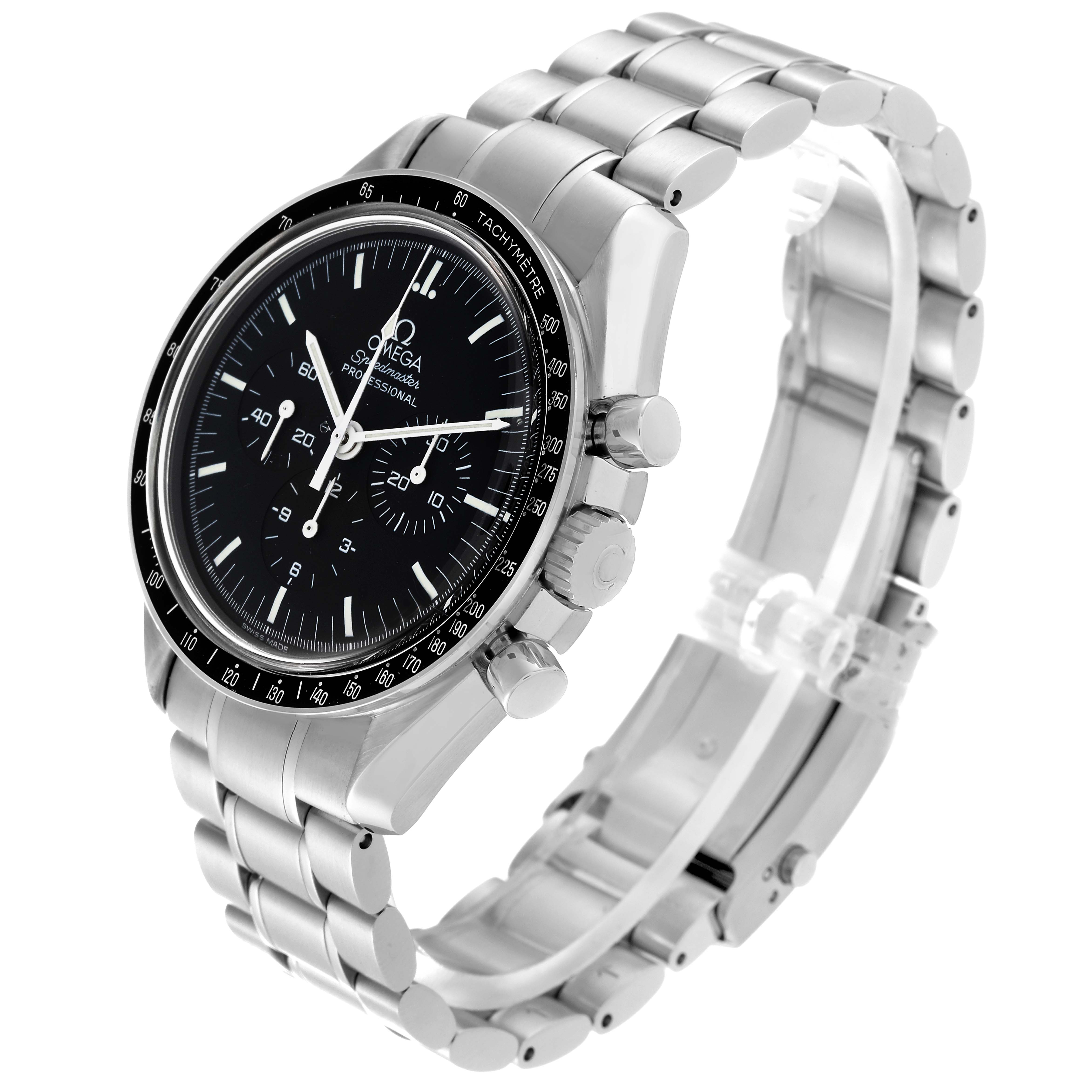 The image shows a side angle of the Omega Speedmaster 3570.50.00 Men
s Stainless Steel Black Dial 3570.50.00 Men
s Stainless Steel Black Dial watch, highlighting its face, bezel, crown, pushers, and bracelet.