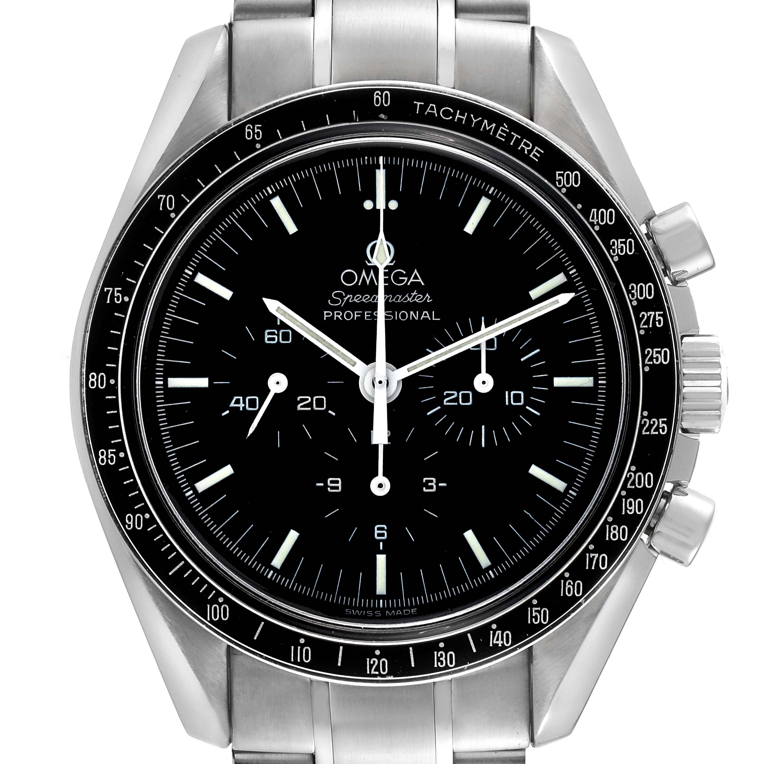 The image shows a front view of the Omega Speedmaster 3570.50.00 Men
s Stainless Steel Black Dial 3570.50.00 Men
s Stainless Steel Black Dial watch, highlighting its black dial, subdials, and tachymeter bezel.