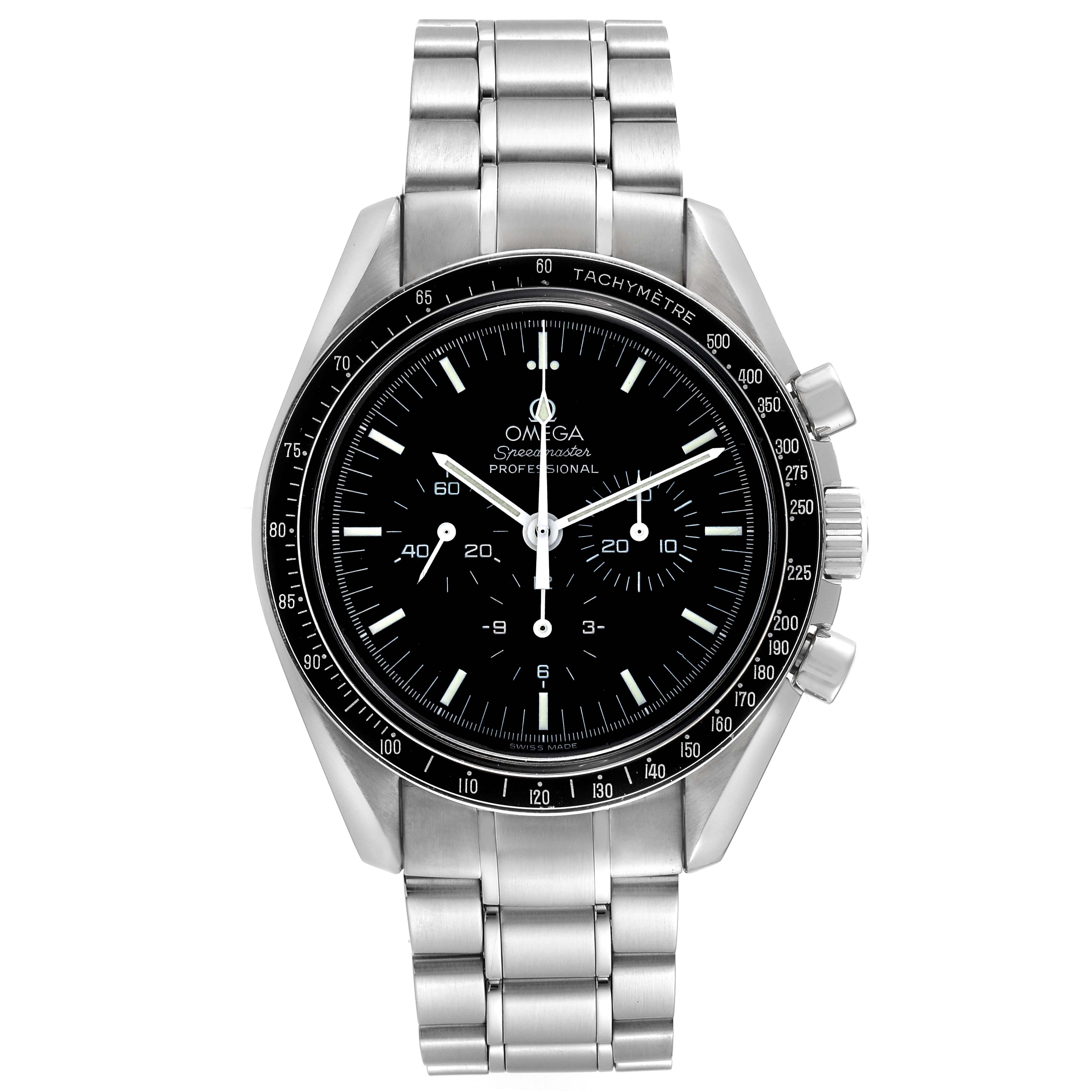 The image shows a front view of an Omega Speedmaster 3570.50.00 Men
s Stainless Steel Black Dial 3570.50.00 Men
s Stainless Steel Black Dial watch, displaying its face, tachymeter bezel, and stainless steel bracelet.