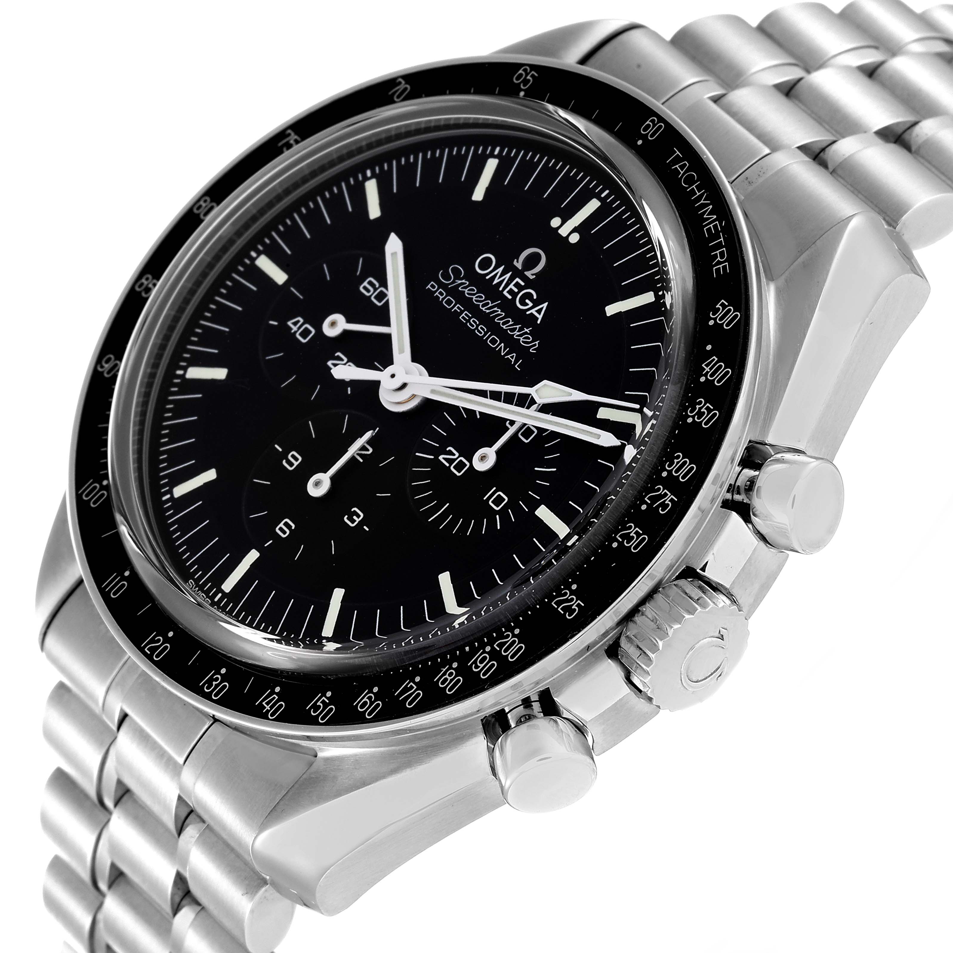 The image shows an angled view of the Omega Speedmaster 310.30.42.50.01.002 Men
s Stainless Steel Black Dial 310.30.42.50.01.002 Men
s Stainless Steel Black Dial watch, highlighting the face, bezel, crown, pushers, and part of the bracelet.
