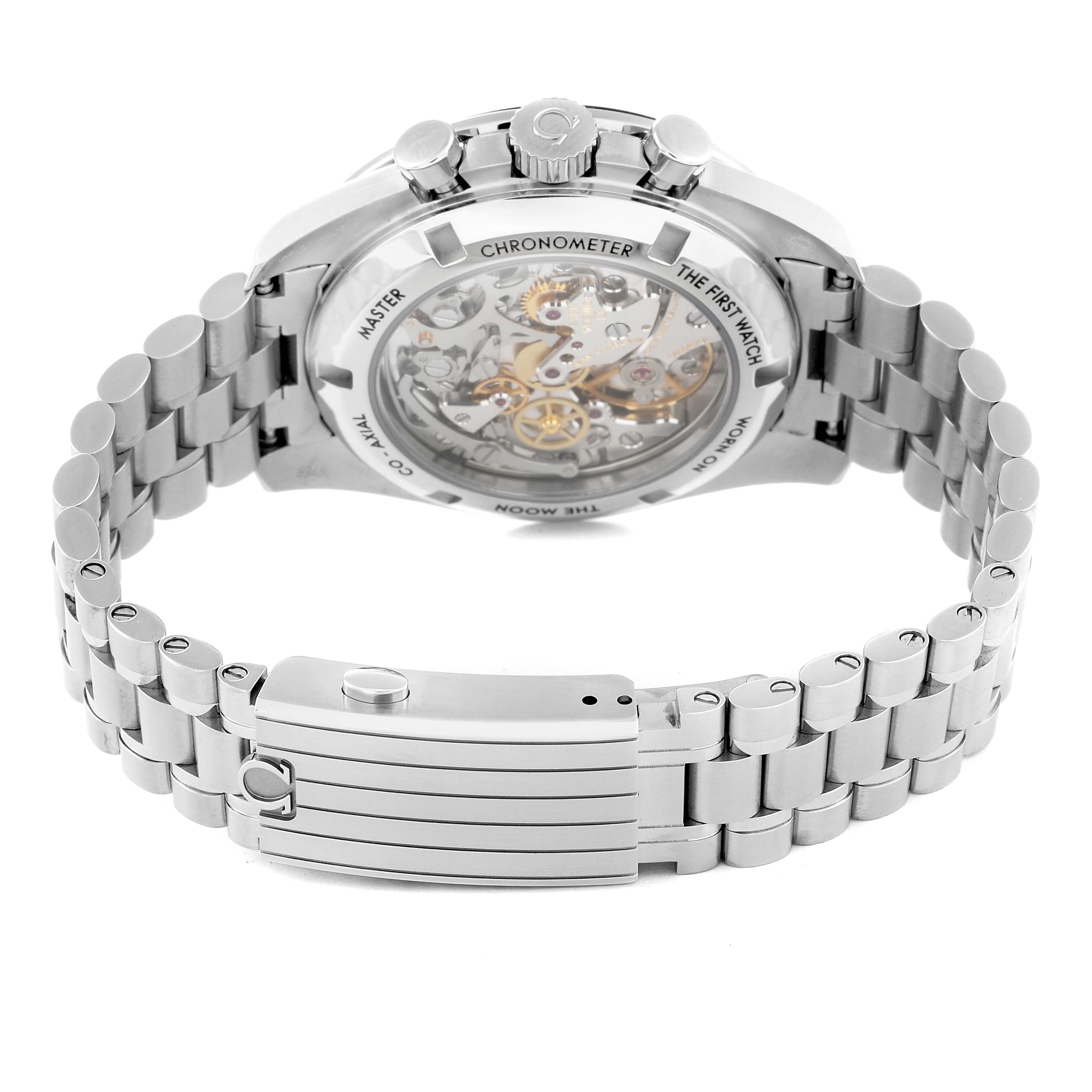 The image shows the back view of the Omega Speedmaster 310.30.42.50.01.002 Men
s Stainless Steel Black Dial 310.30.42.50.01.002 Men
s Stainless Steel Black Dial watch, highlighting its transparent case back and bracelet clasp.