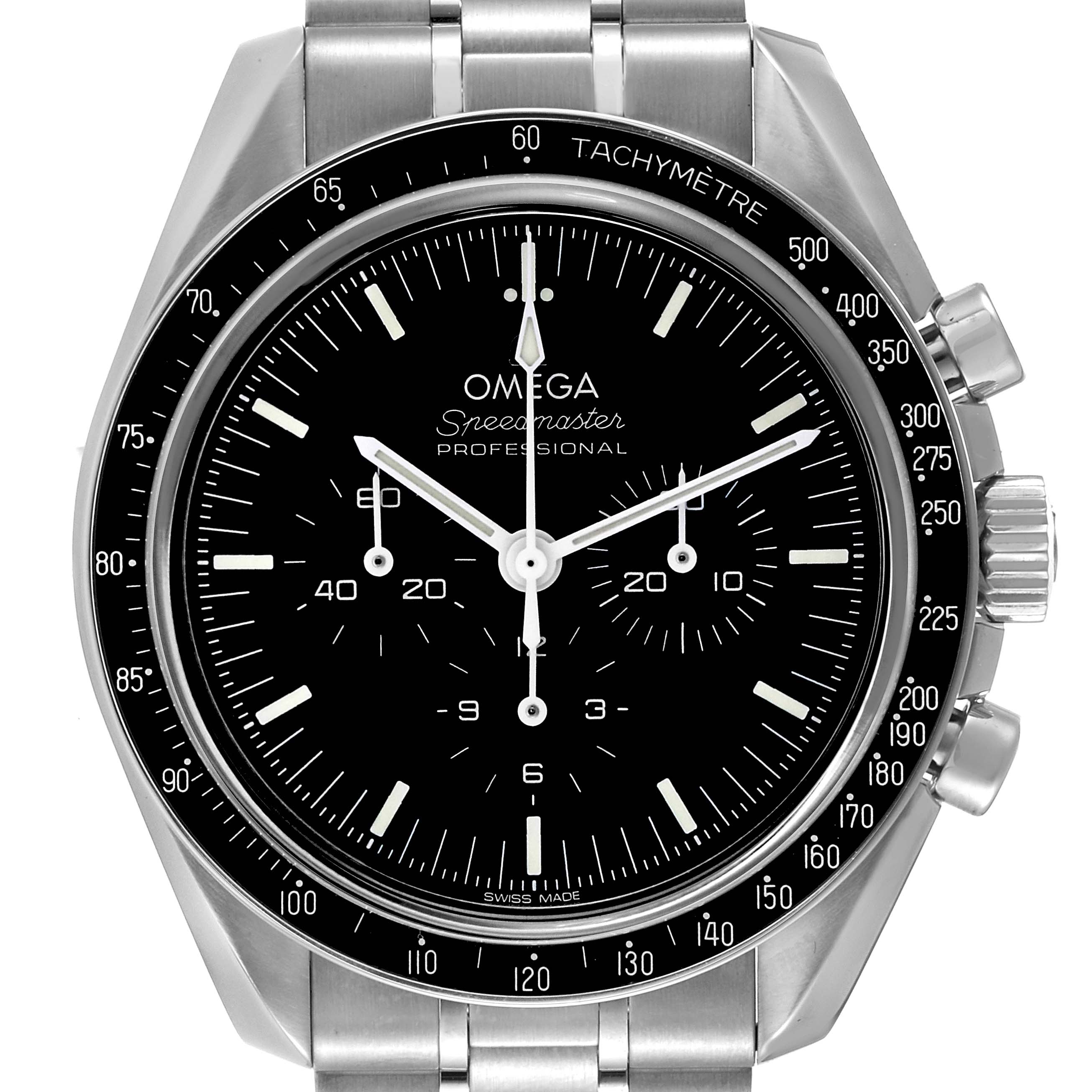 The image shows a frontal view of an Omega Speedmaster 310.30.42.50.01.002 Men
s Stainless Steel Black Dial 310.30.42.50.01.002 Men
s Stainless Steel Black Dial watch, displaying the dial, bezel, crown, and chronograph pushers.