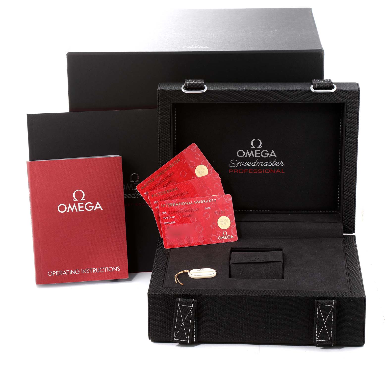 The image shows the packaging, operating instructions, warranty cards, and a tag for the Omega Speedmaster 310.30.42.50.01.002 Men
s Stainless Steel Black Dial 310.30.42.50.01.002 Men
s Stainless Steel Black Dial watch.