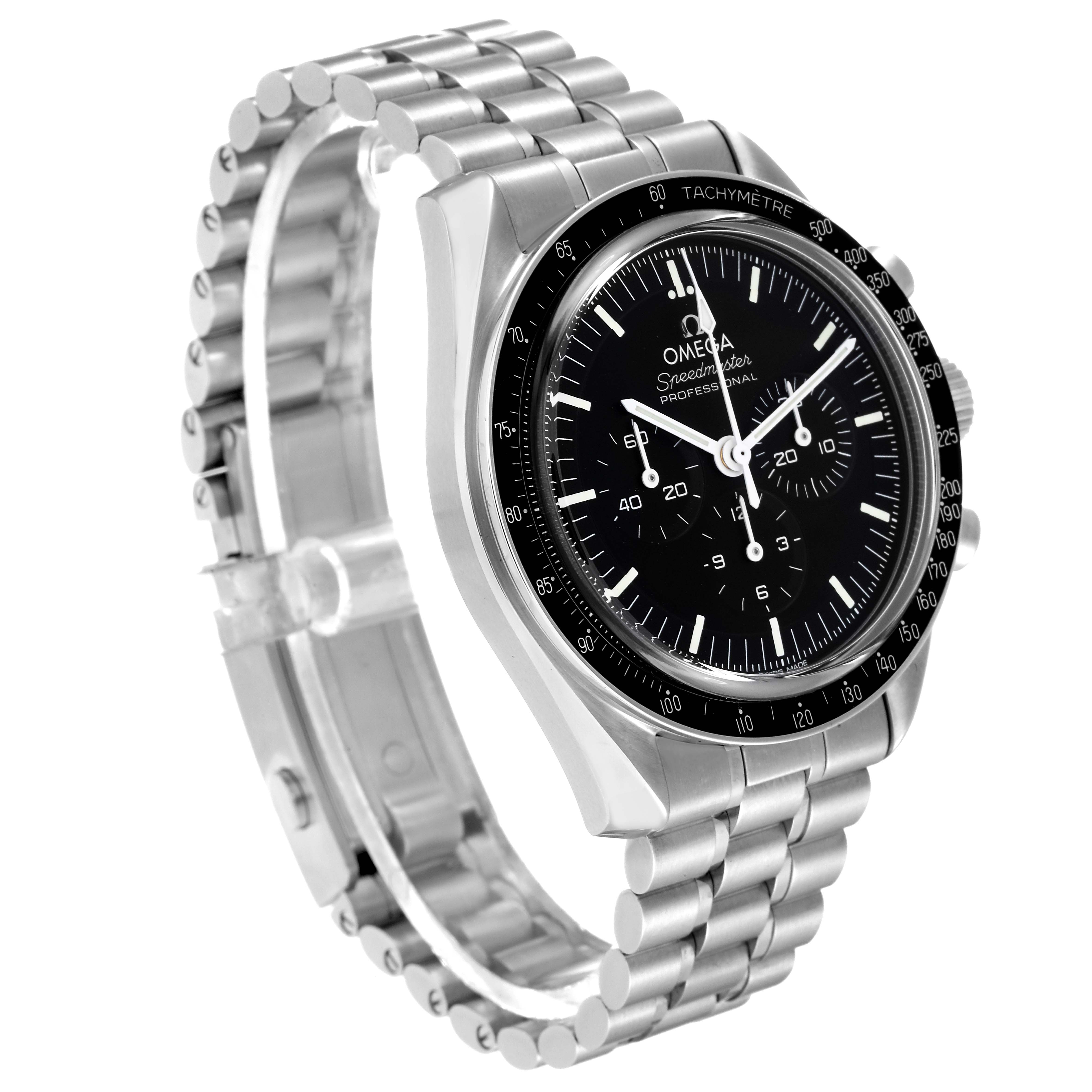 This image shows an Omega Speedmaster 310.30.42.50.01.002 Men
s Stainless Steel Black Dial 310.30.42.50.01.002 Men
s Stainless Steel Black Dial watch at a front-angle, highlighting the dial and bracelet.