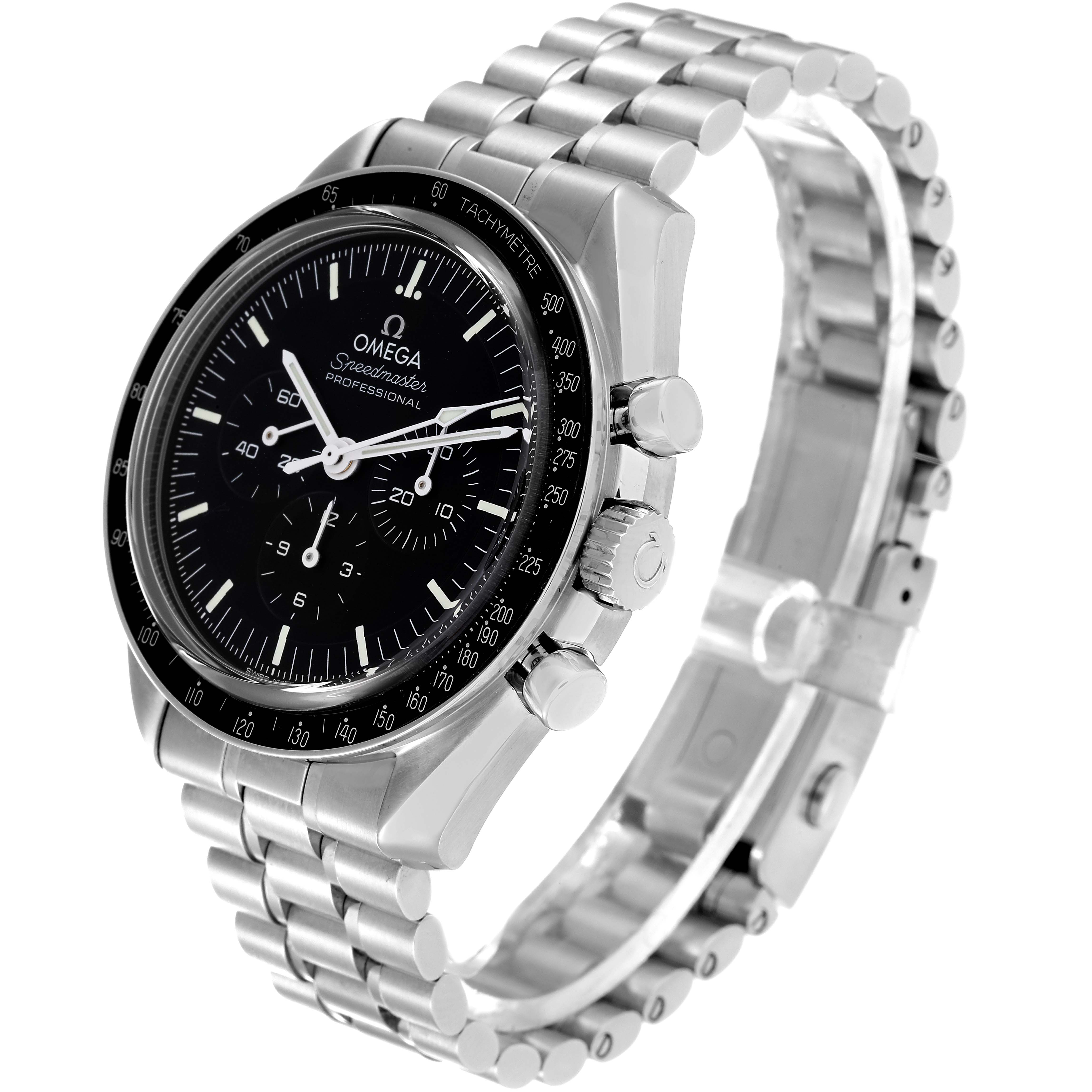 The Omega Speedmaster 310.30.42.50.01.002 Men
s Stainless Steel Black Dial 310.30.42.50.01.002 Men
s Stainless Steel Black Dial watch is shown at an oblique angle, highlighting the face, bezel, crown, pushers, and metal bracelet.