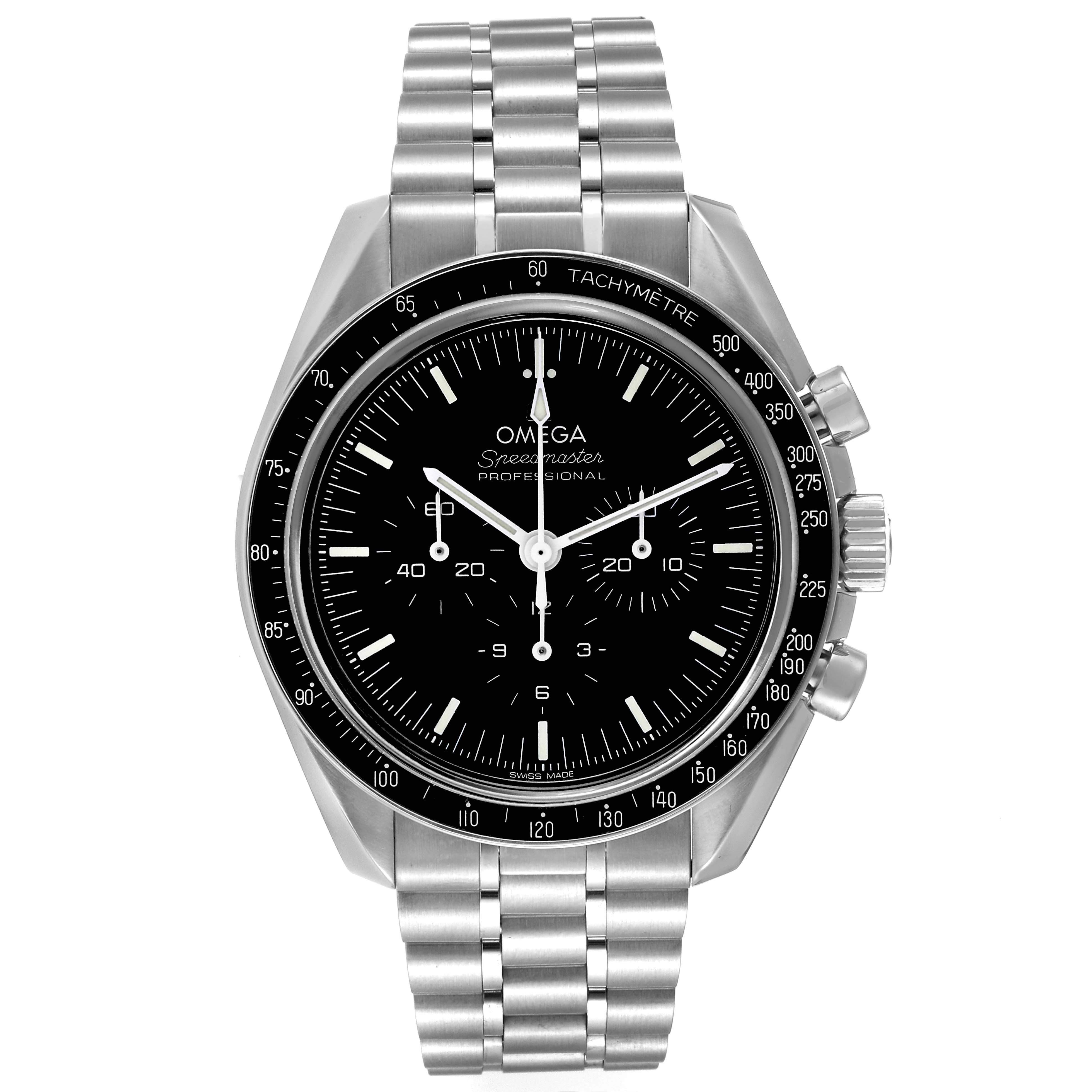 This Omega Speedmaster 310.30.42.50.01.002 Men
s Stainless Steel Black Dial 310.30.42.50.01.002 Men
s Stainless Steel Black Dial watch is shown from a front angle, displaying the face, bezel, buttons, and stainless steel bracelet.