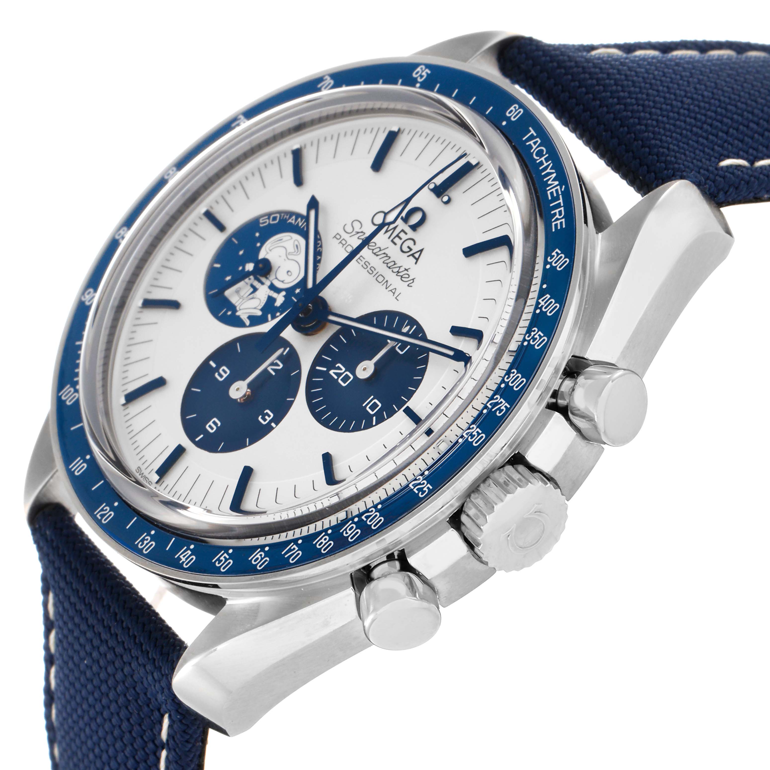 The Omega Speedmaster 310.32.42.50.02.001 Men's Stainless Steel Silver Dial 310.32.42.50.02.001 Men's Stainless Steel Silver Dial watch is shown from a three-quarter angle, highlighting the bezel, crown, and strap.