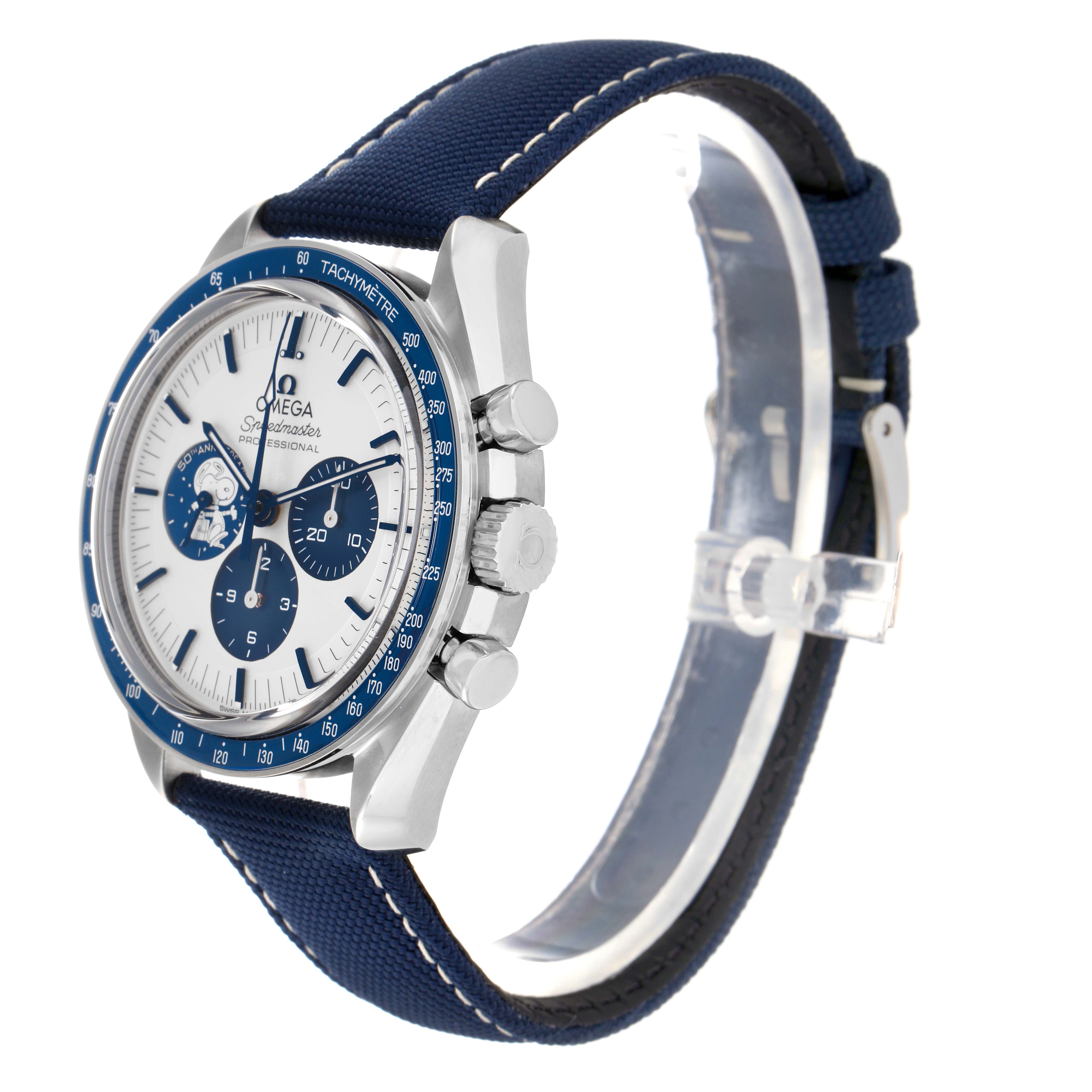 The Omega Speedmaster 310.32.42.50.02.001 Men's Stainless Steel Silver Dial 310.32.42.50.02.001 Men's Stainless Steel Silver Dial watch is shown at a three-quarter angle, highlighting the face, bezel, crown, pushers, and strap.