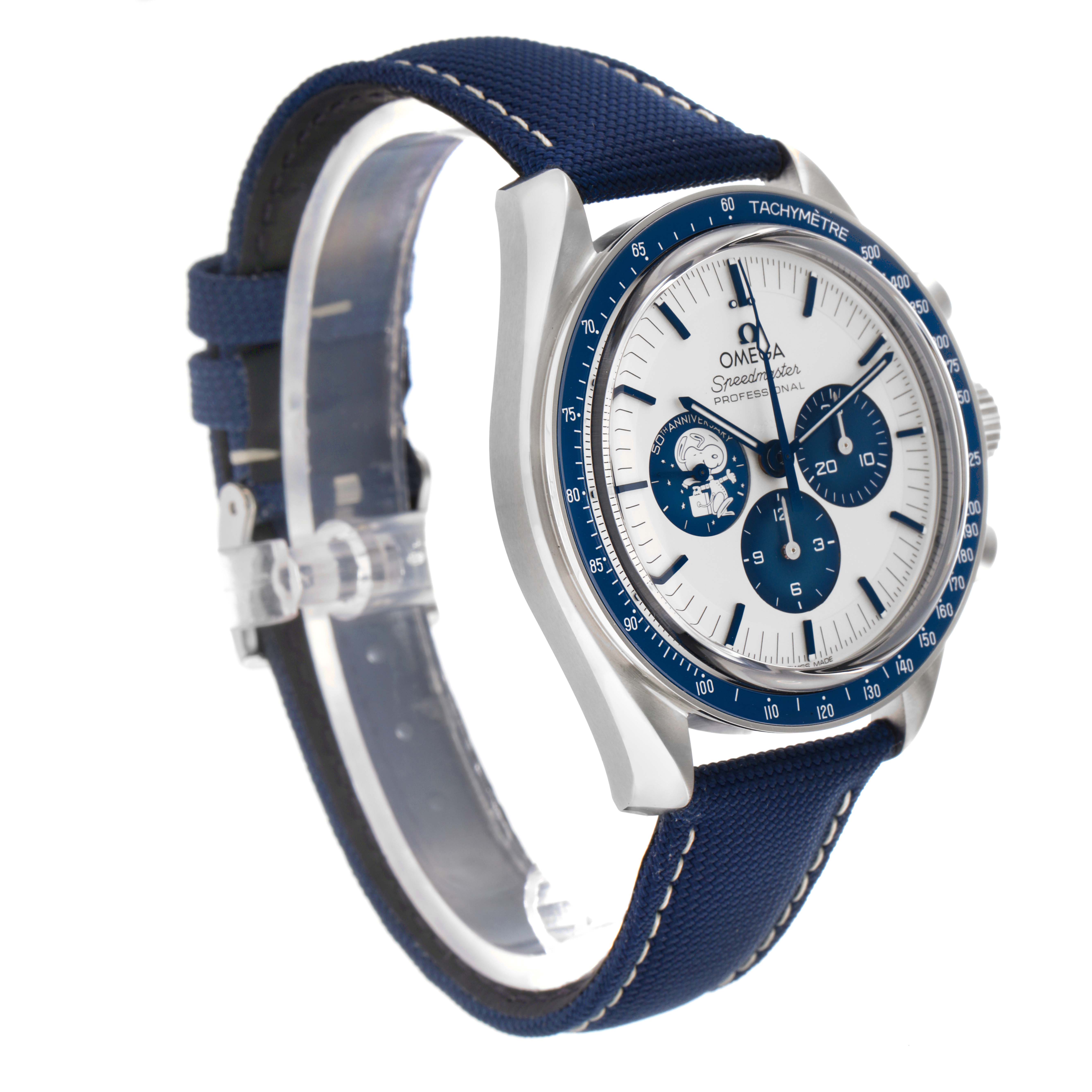 The Omega Speedmaster 310.32.42.50.02.001 Men's Stainless Steel Silver Dial 310.32.42.50.02.001 Men's Stainless Steel Silver Dial is shown at a three-quarter angle, highlighting the dial, bezel, case, and strap.