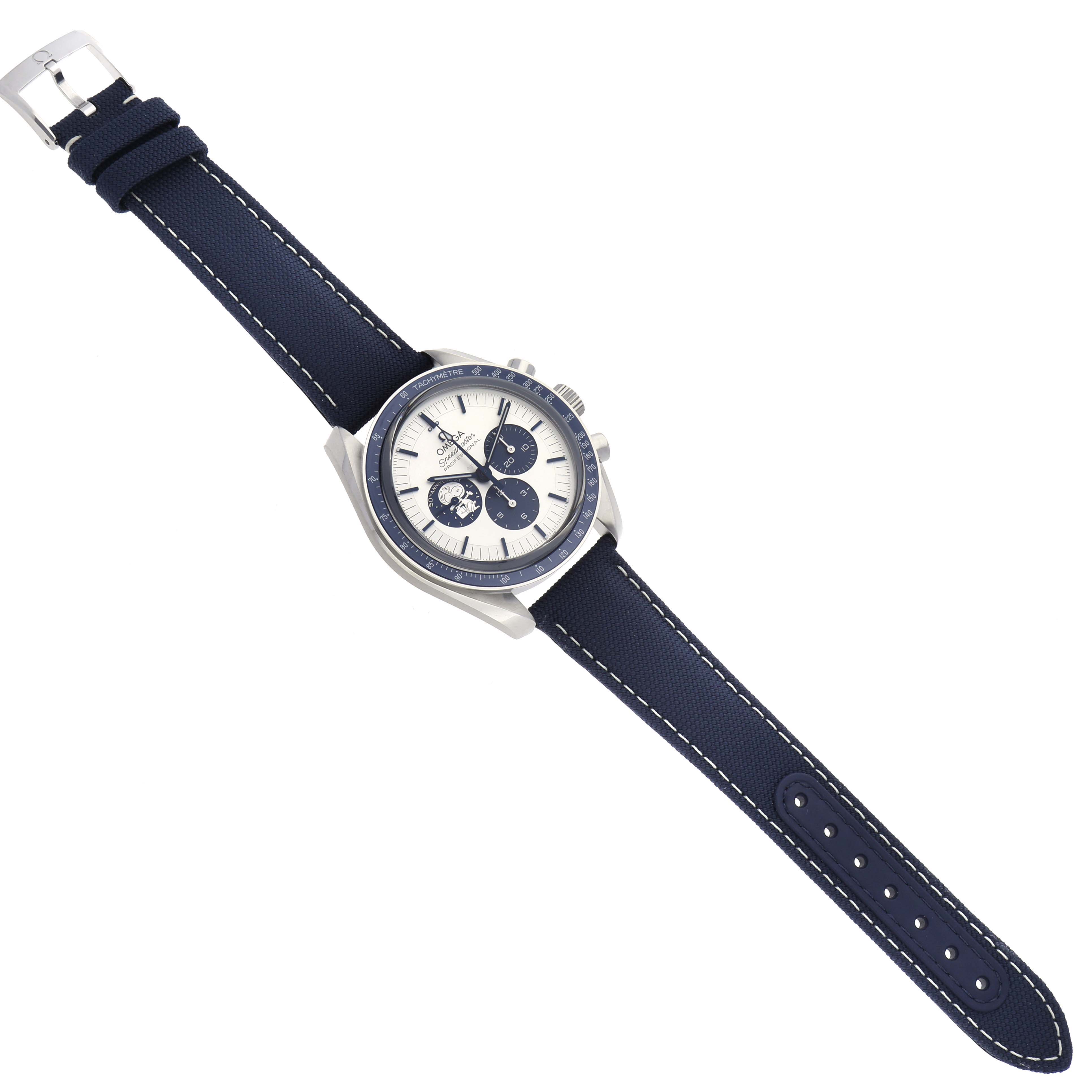 The Omega Speedmaster 310.32.42.50.02.001 Men's Stainless Steel Silver Dial 310.32.42.50.02.001 Men's Stainless Steel Silver Dial watch is shown from above, displaying the face, bezel, pushers, and blue strap.