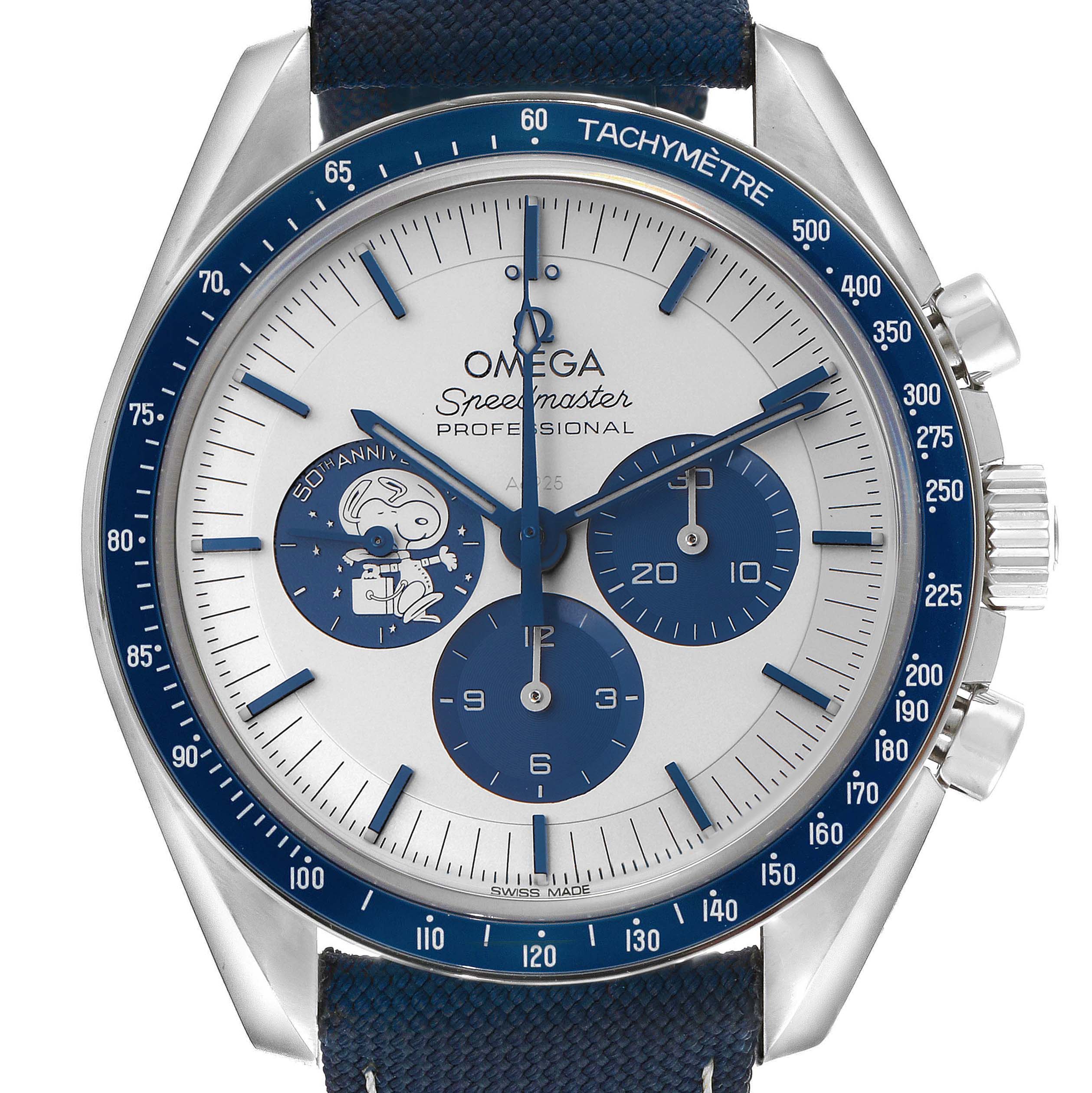 The Omega Speedmaster 310.32.42.50.02.001 Men's Stainless Steel Silver Dial 310.32.42.50.02.001 Men's Stainless Steel Silver Dial watch is shown from the front, highlighting the dial, subdials, and tachymeter bezel.