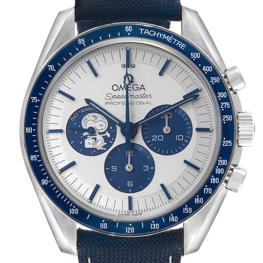 The Omega Speedmaster watch is shown from the front, highlighting the dial, subdials, and tachymeter bezel.