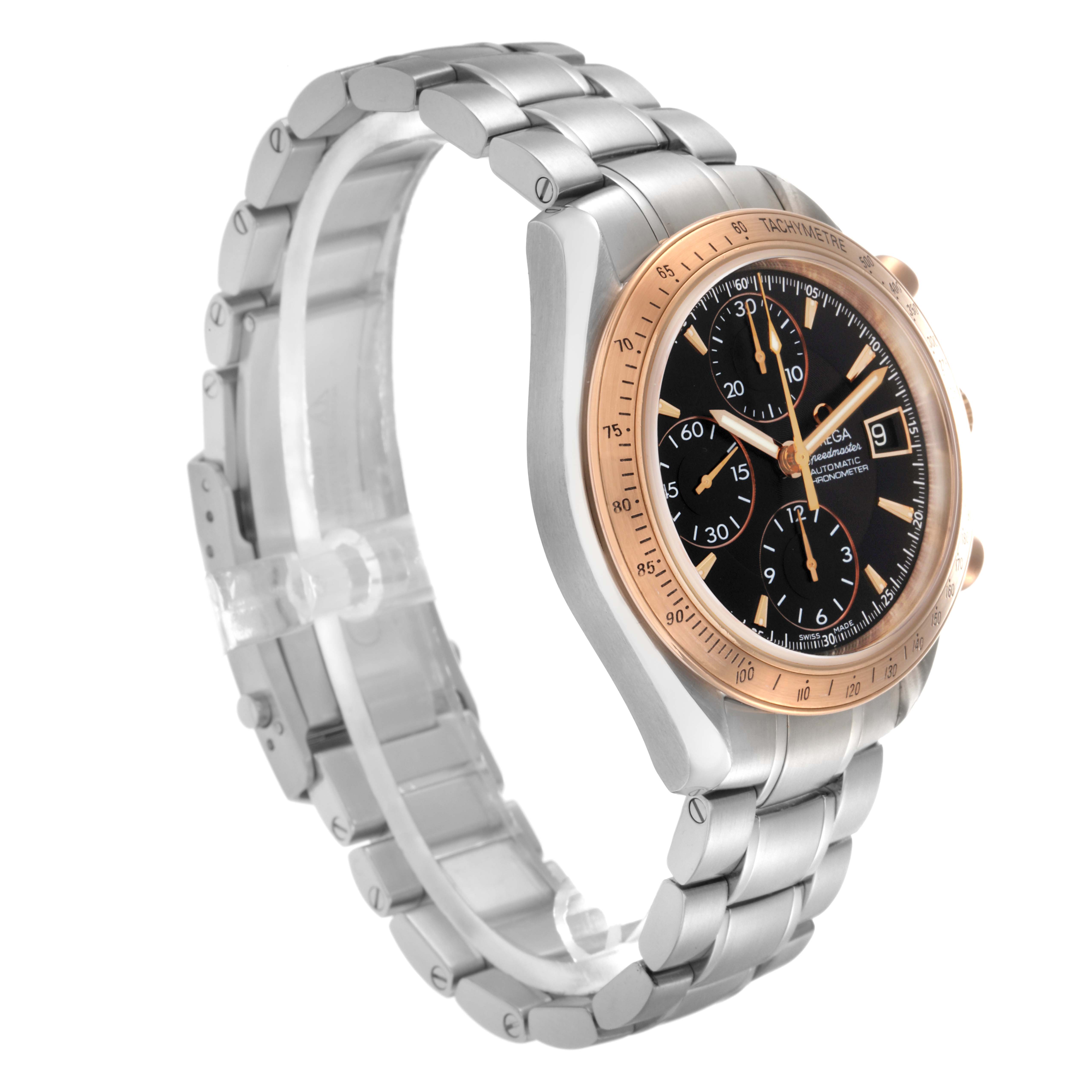 The Omega Speedmaster 323.21.40.40.01.001 Men
s Steel and Gold (two tone) Black Dial 323.21.40.40.01.001 Men
s Steel and Gold (two tone) Black Dial watch is shown at a three-quarter angle, highlighting its face, bezel, case, and bracelet.