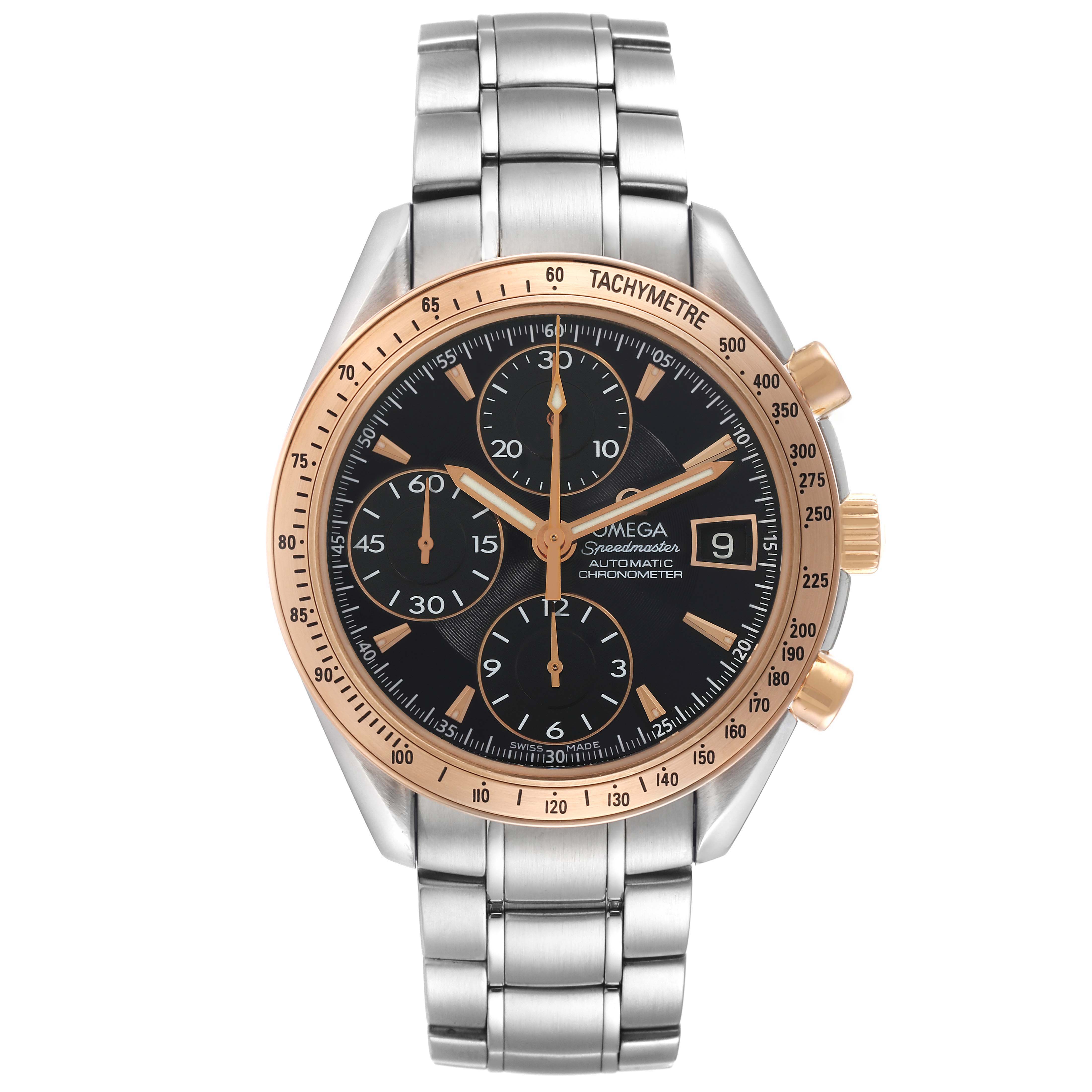 The Omega Speedmaster 323.21.40.40.01.001 Men
s Steel and Gold (two tone) Black Dial 323.21.40.40.01.001 Men
s Steel and Gold (two tone) Black Dial is shown from a front angle, displaying its bezel, dial, bracelet, and pushers.