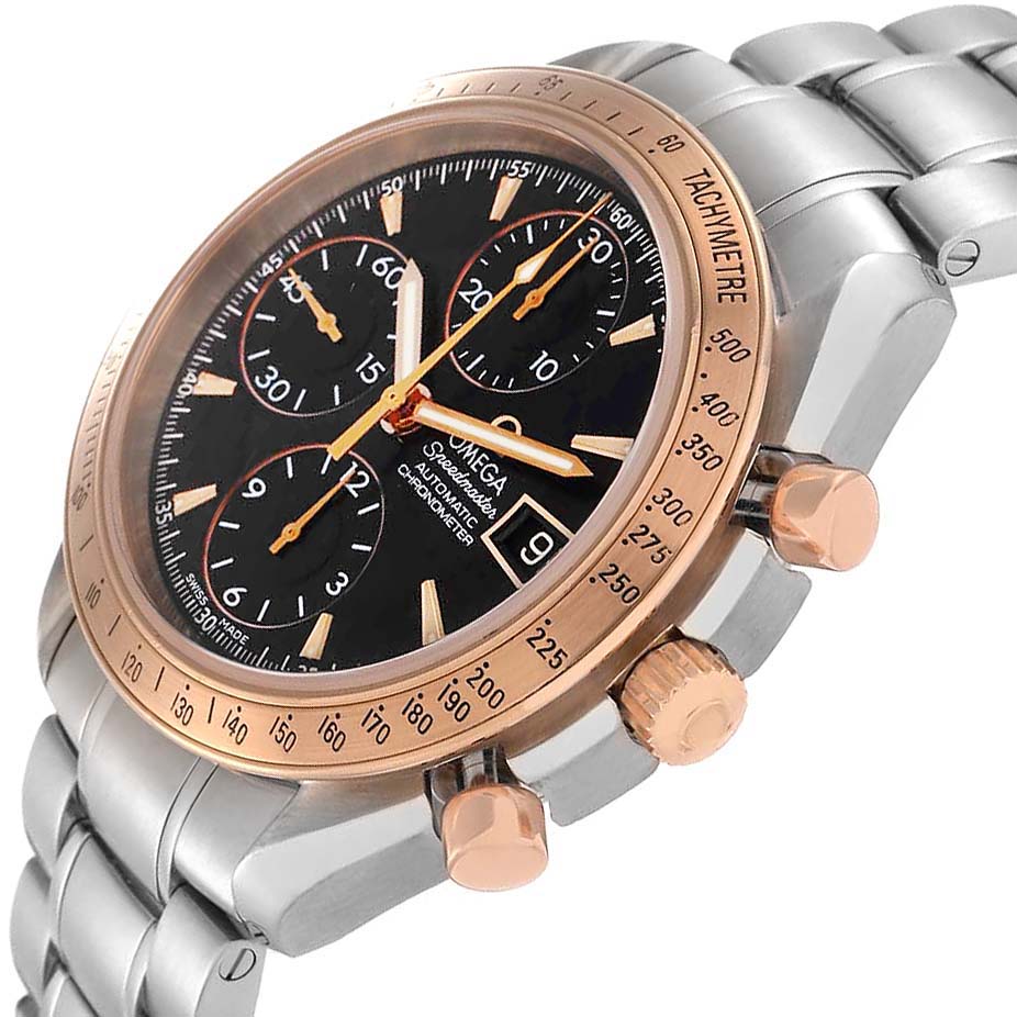 The Omega Speedmaster 323.21.40.40.01.001 Men
s Steel and Gold (two tone) Black Dial 323.21.40.40.01.001 Men
s Steel and Gold (two tone) Black Dial watch is shown at an angle, highlighting the face, subdials, crown, and tachymeter bezel.