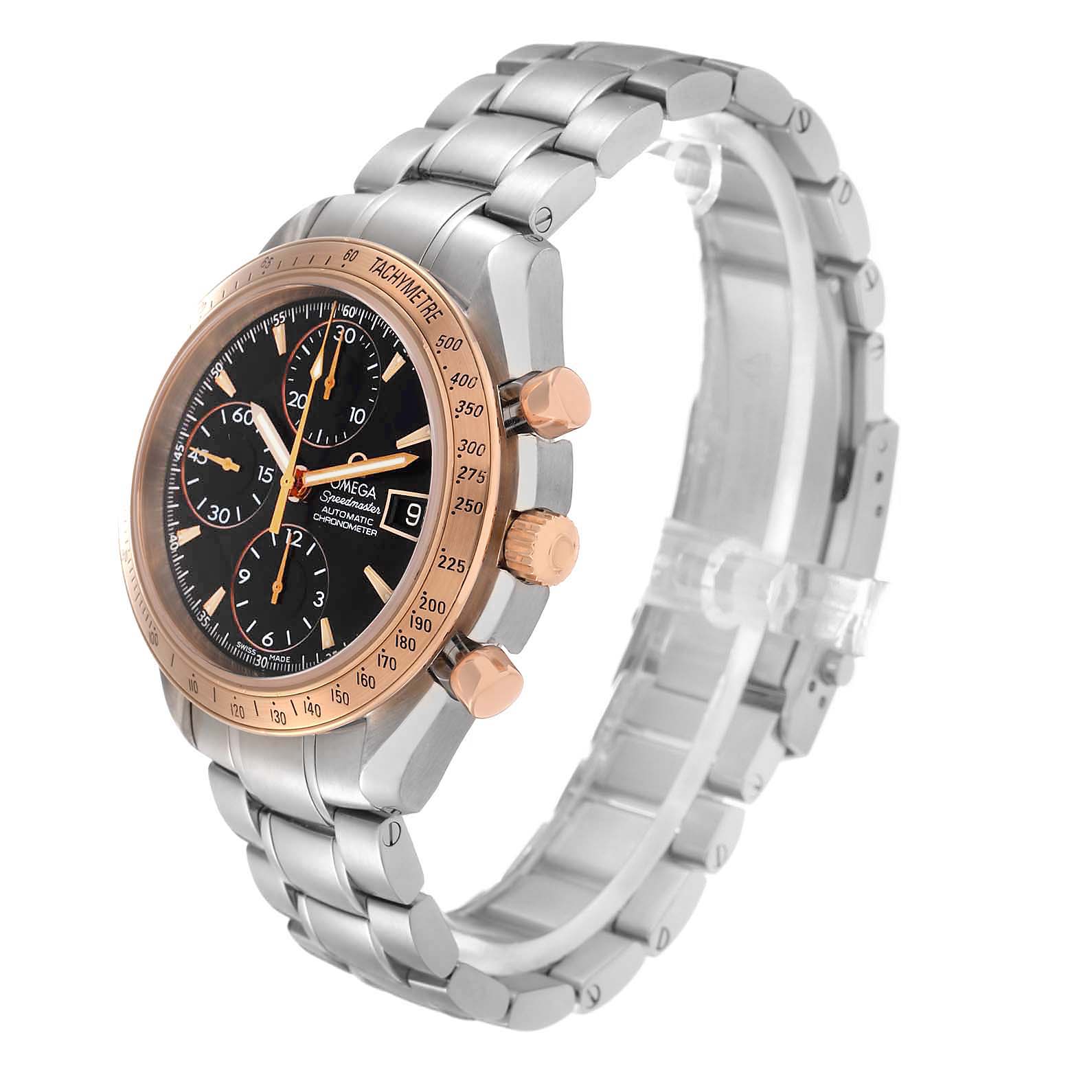The Omega Speedmaster 323.21.40.40.01.001 Men
s Steel and Gold (two tone) Black Dial 323.21.40.40.01.001 Men
s Steel and Gold (two tone) Black Dial watch is shown at a three-quarter angle, highlighting the face, bezel, pushers, and bracelet.