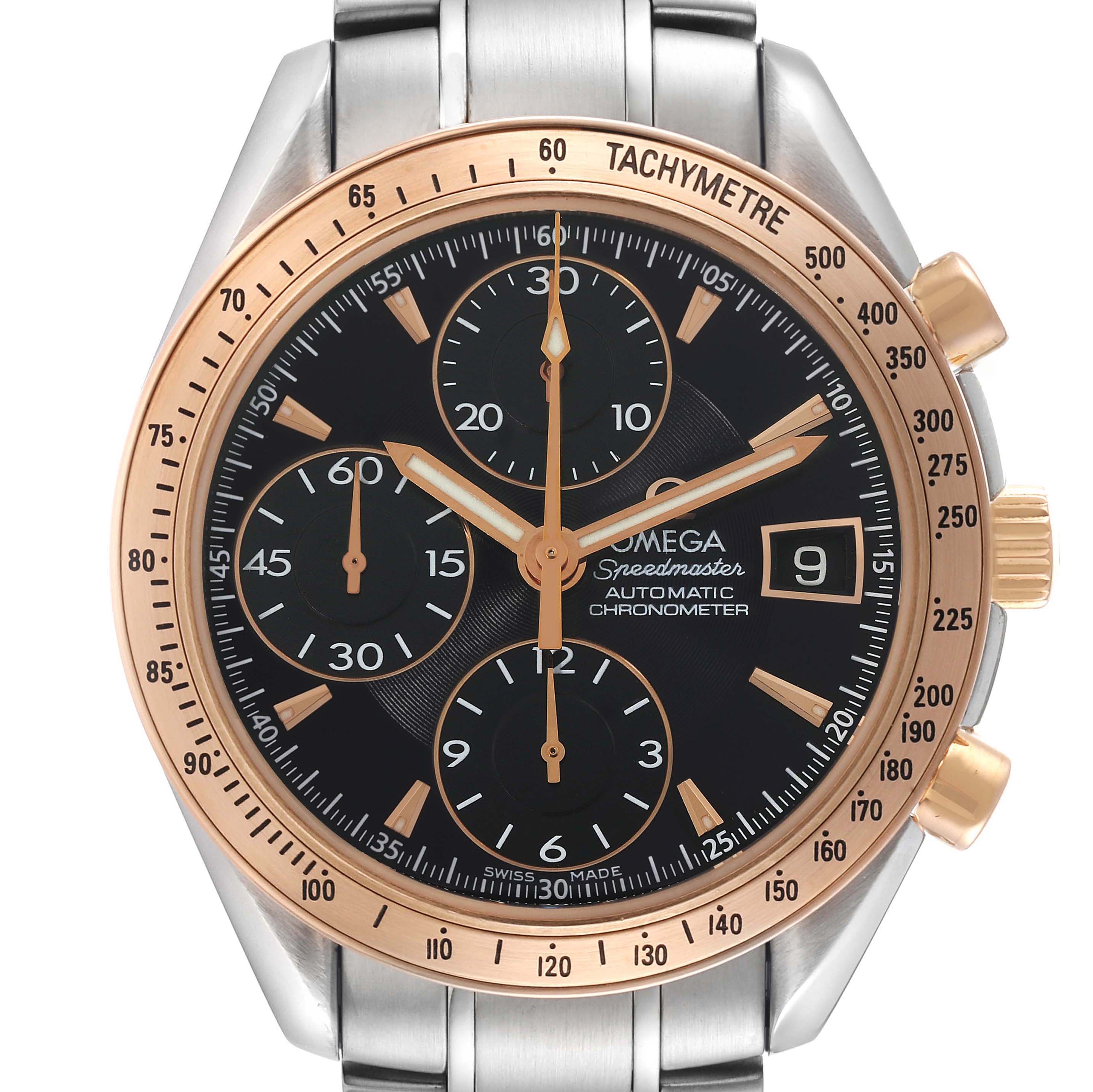 The Omega Speedmaster 323.21.40.40.01.001 Men
s Steel and Gold (two tone) Black Dial 323.21.40.40.01.001 Men
s Steel and Gold (two tone) Black Dial watch is shown from a front angle, highlighting the dial, tachymeter bezel, and pushers.
