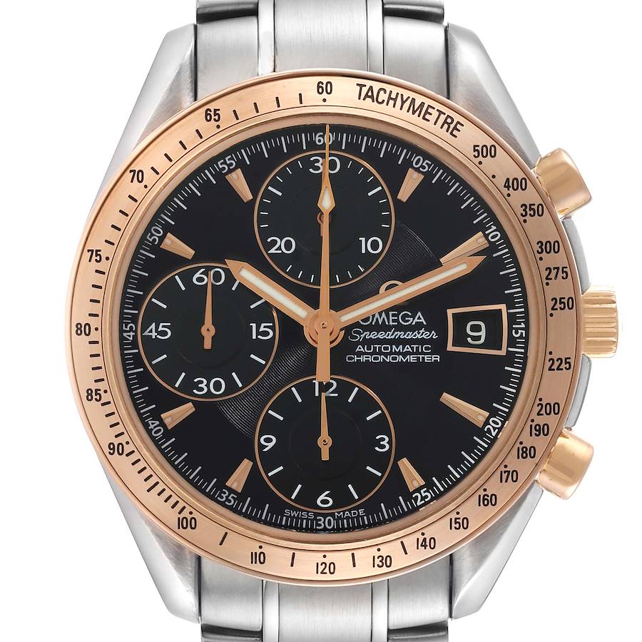 The Omega Speedmaster watch is shown from a front angle, highlighting the dial, tachymeter bezel, and pushers.