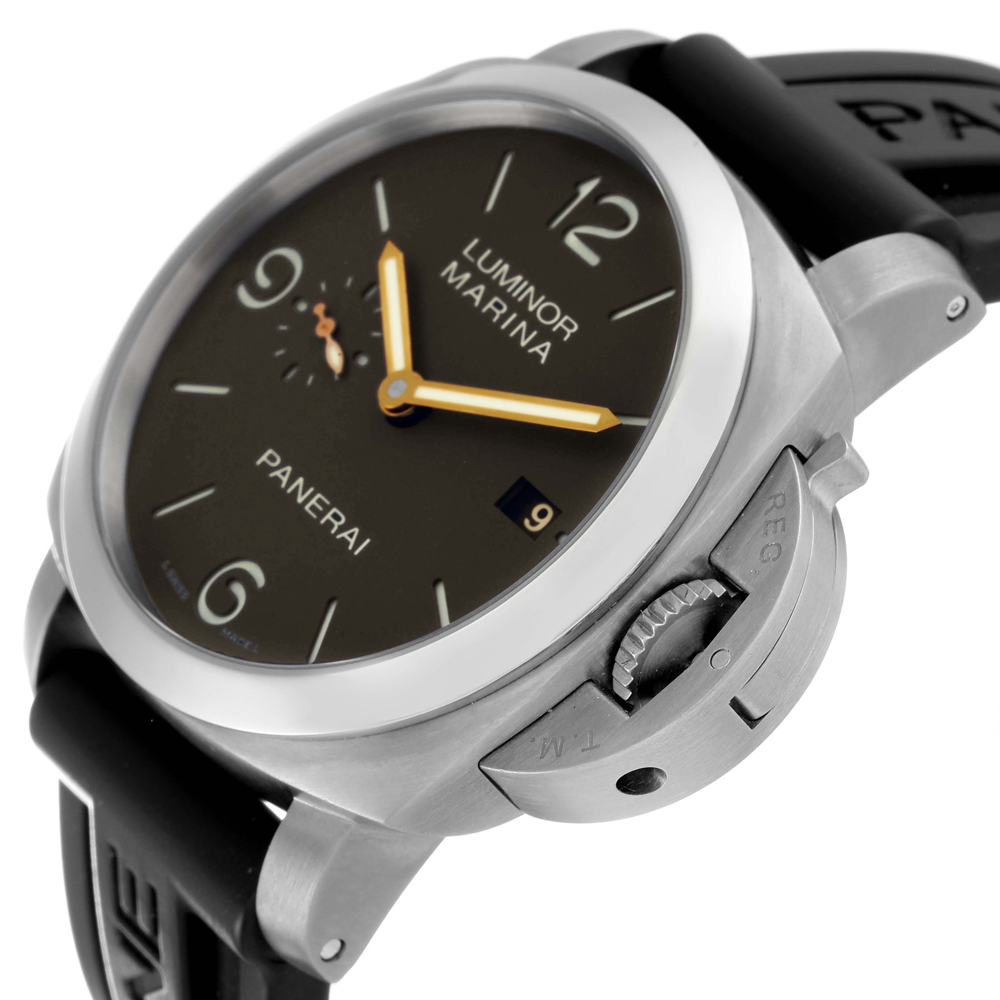 The image shows a Panerai Luminor PAM00351 Men's Titanium Brown Dial PAM00351 Men's Titanium Brown Dial watch at an angled view highlighting the dial, crown, and part of the strap.