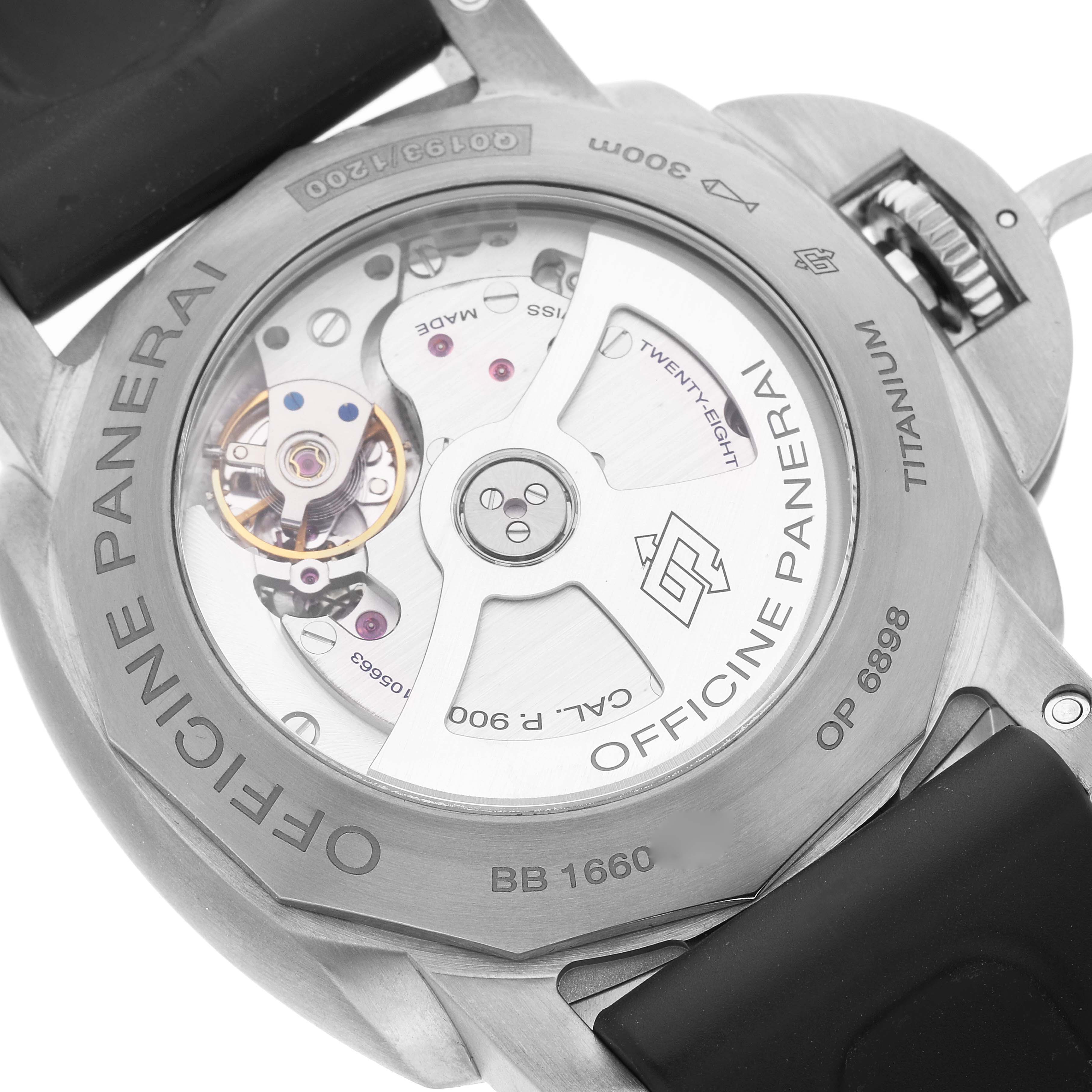 This image shows the case back and movement of a Panerai Luminor PAM00351 Men's Titanium Brown Dial PAM00351 Men's Titanium Brown Dial model watch.