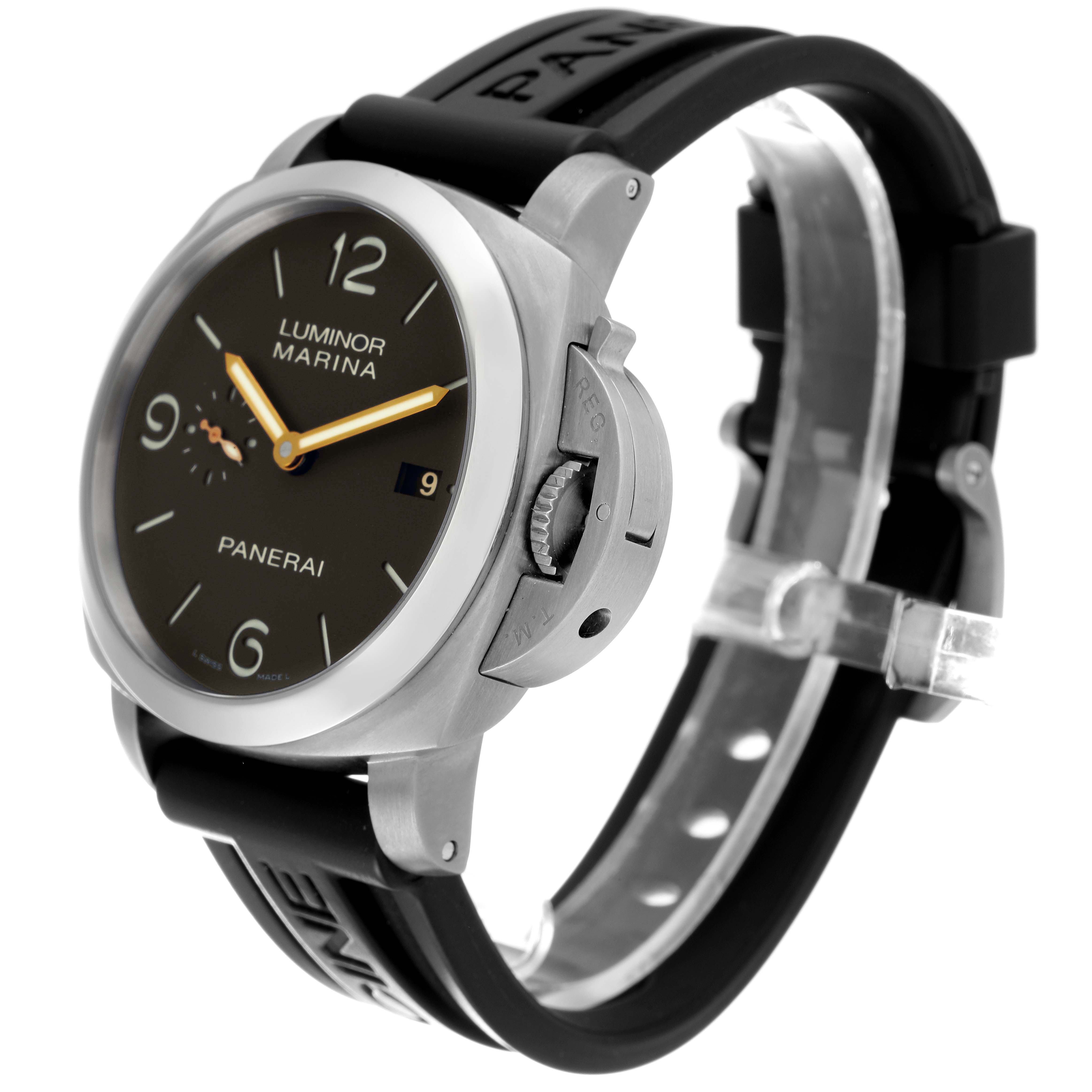 The image shows a Panerai Luminor PAM00351 Men's Titanium Brown Dial PAM00351 Men's Titanium Brown Dial watch angled slightly to the right, highlighting its dial, case, and rubber strap.