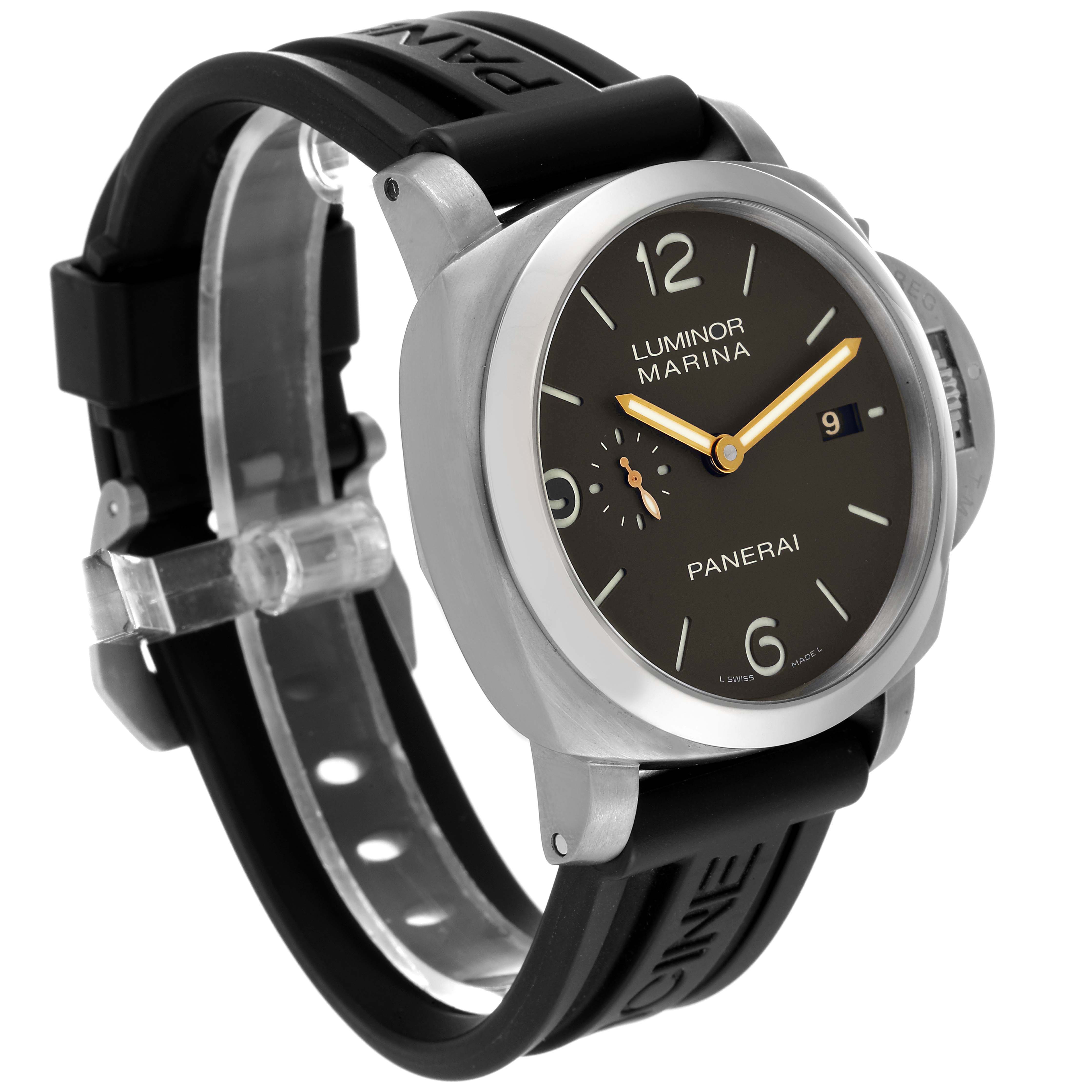 The image shows a Panerai Luminor PAM00351 Men's Titanium Brown Dial PAM00351 Men's Titanium Brown Dial Marina watch with a side angle, highlighting its case, dial, and rubber strap.