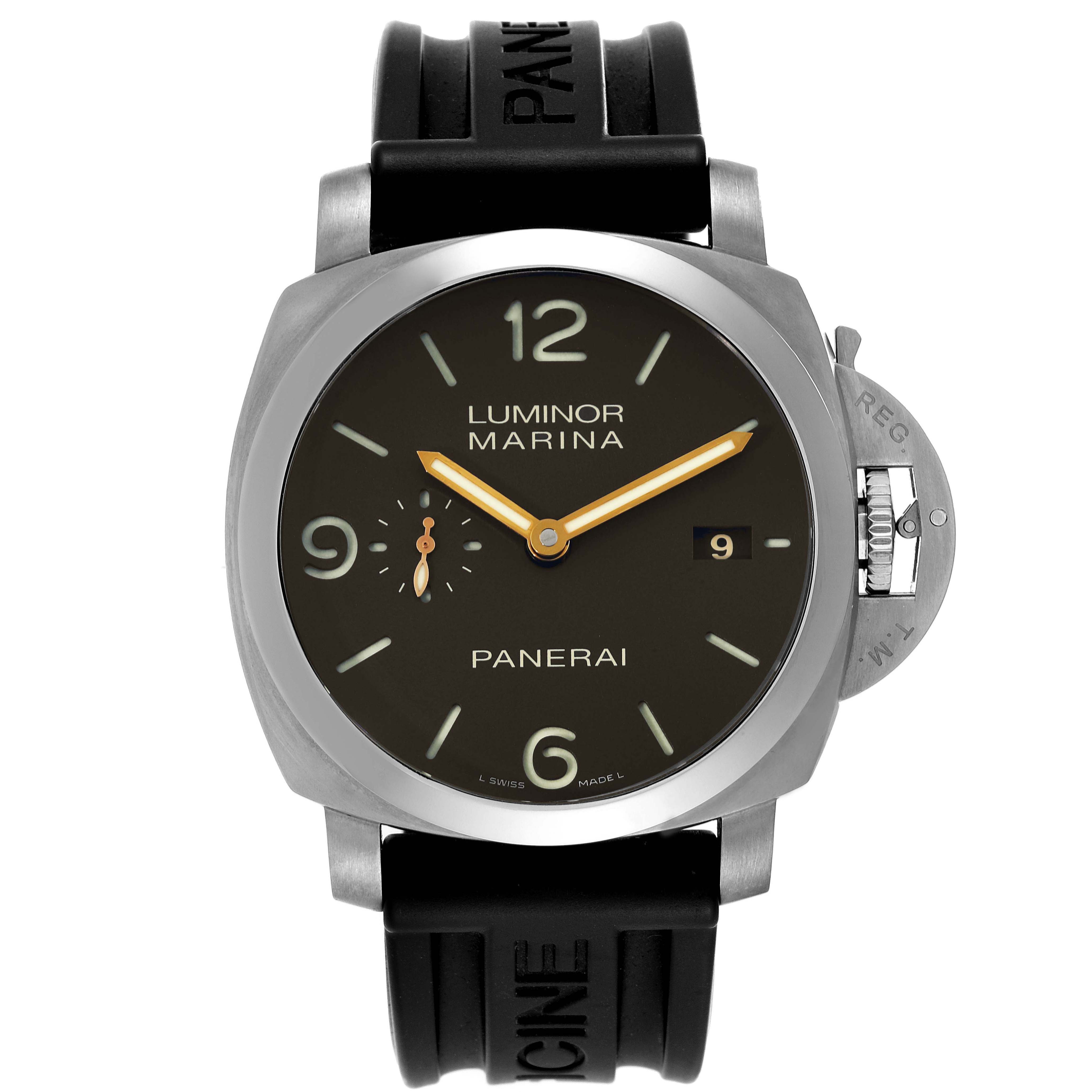 This image shows a front view of a Panerai Luminor PAM00351 Men's Titanium Brown Dial PAM00351 Men's Titanium Brown Dial Marina watch, displaying its dial, strap, and crown guard.