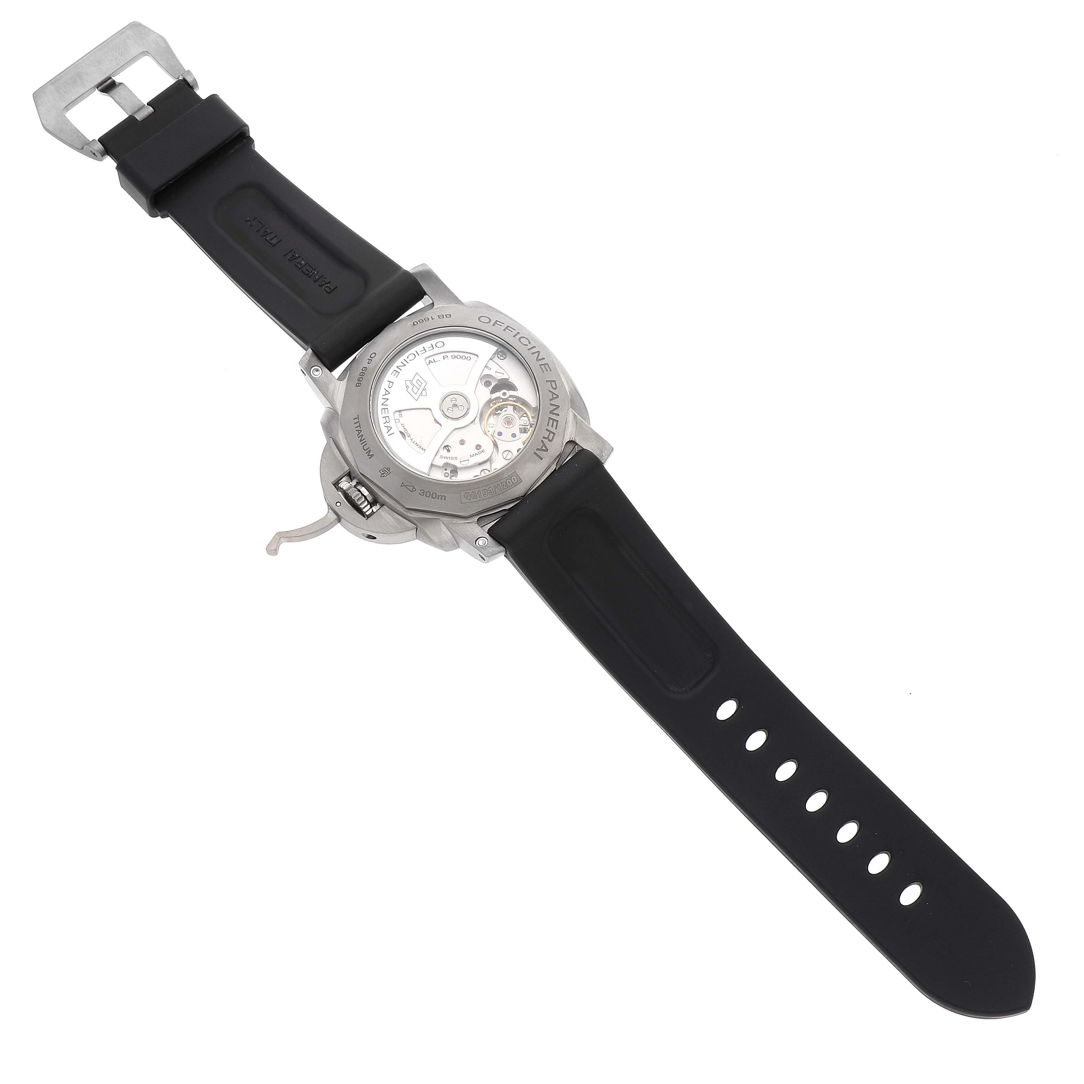 The image shows the back view of a Panerai Luminor PAM00351 Men's Titanium Brown Dial PAM00351 Men's Titanium Brown Dial watch, displaying its transparent case back, movement, and black rubber strap.