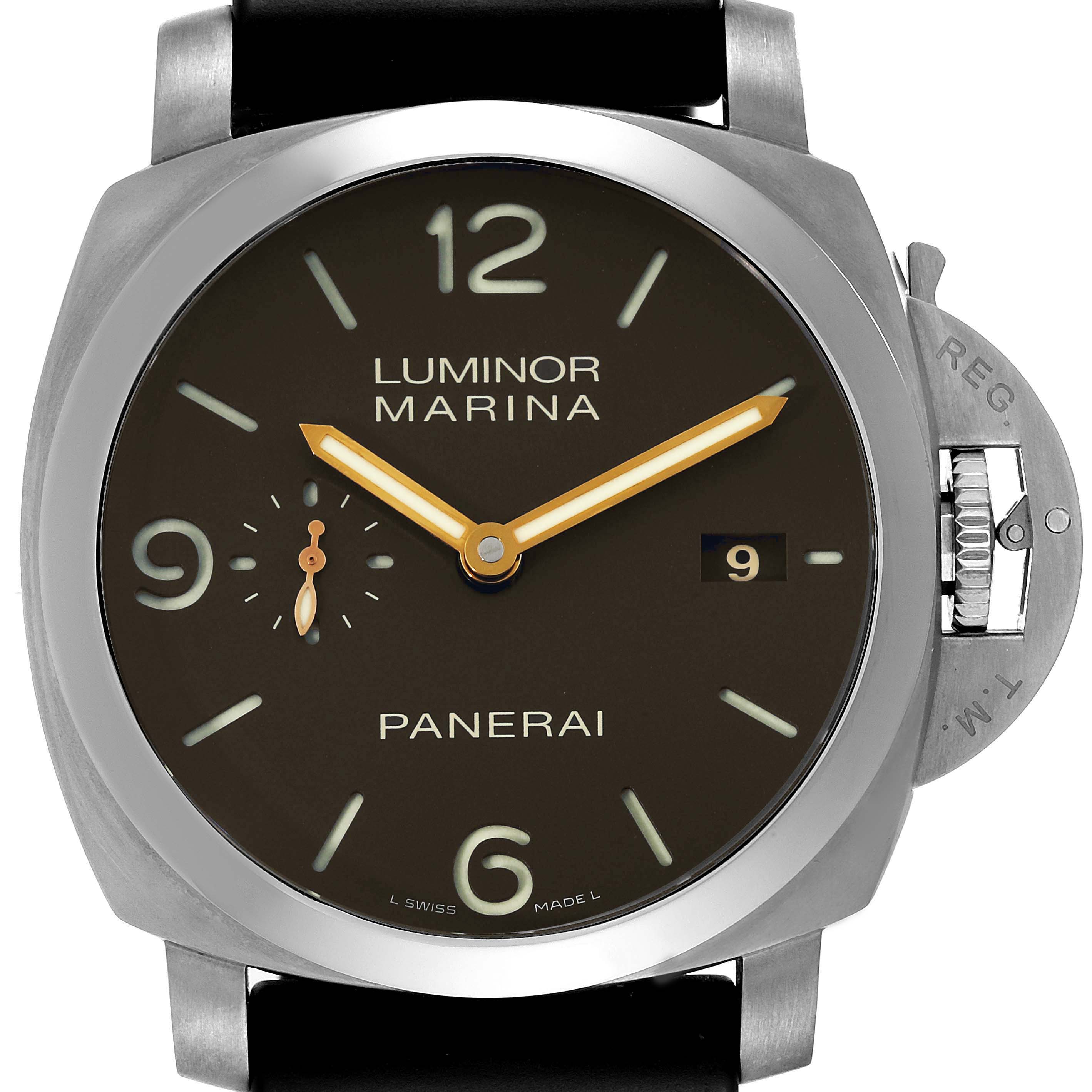 This image shows a front view of the Panerai Luminor PAM00351 Men's Titanium Brown Dial PAM00351 Men's Titanium Brown Dial Marina watch, displaying its dial, hands, crown guard, and date window.