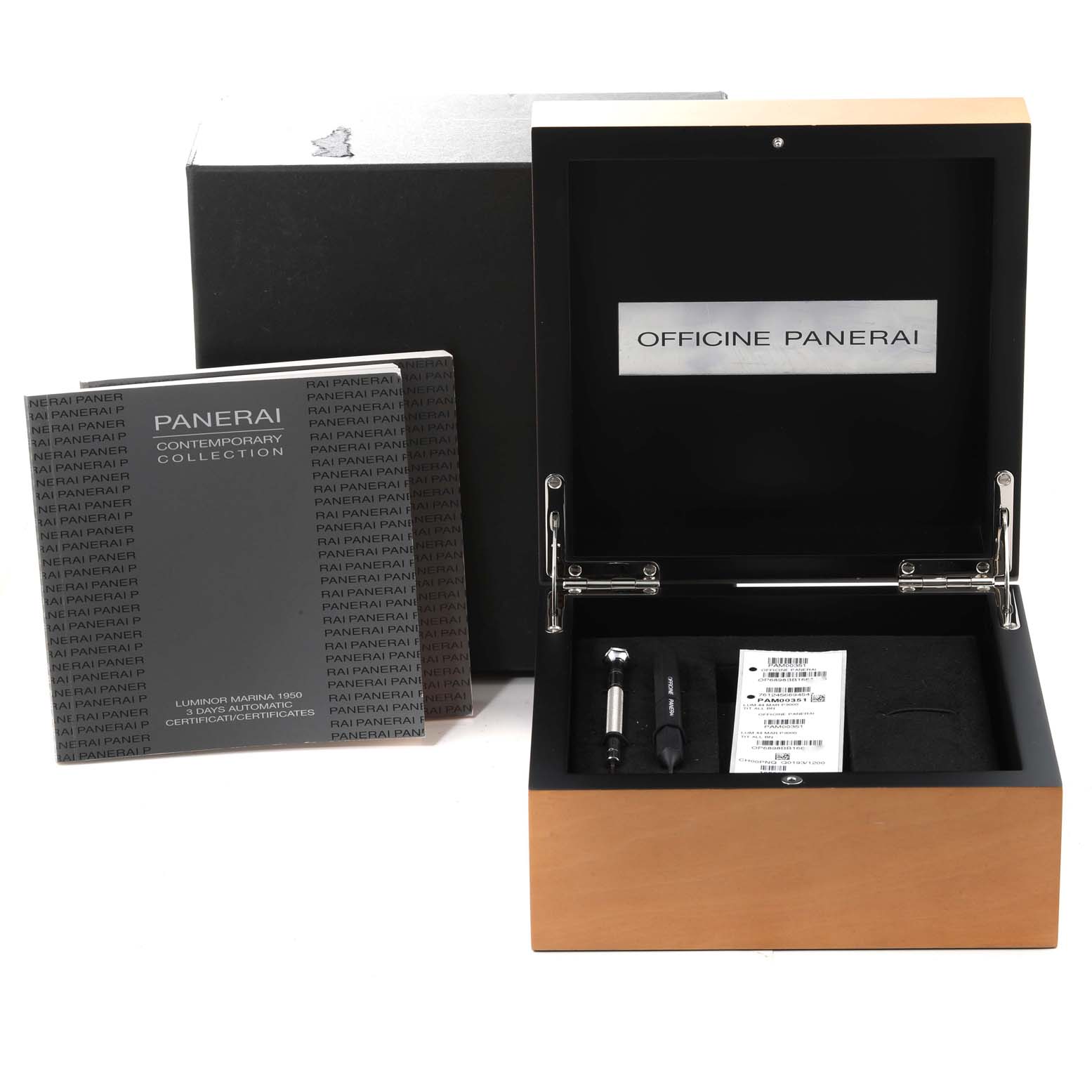The image shows an open Panerai Luminor PAM00351 Men's Titanium Brown Dial PAM00351 Men's Titanium Brown Dial watch box with accessories and documentation, viewed from the front.