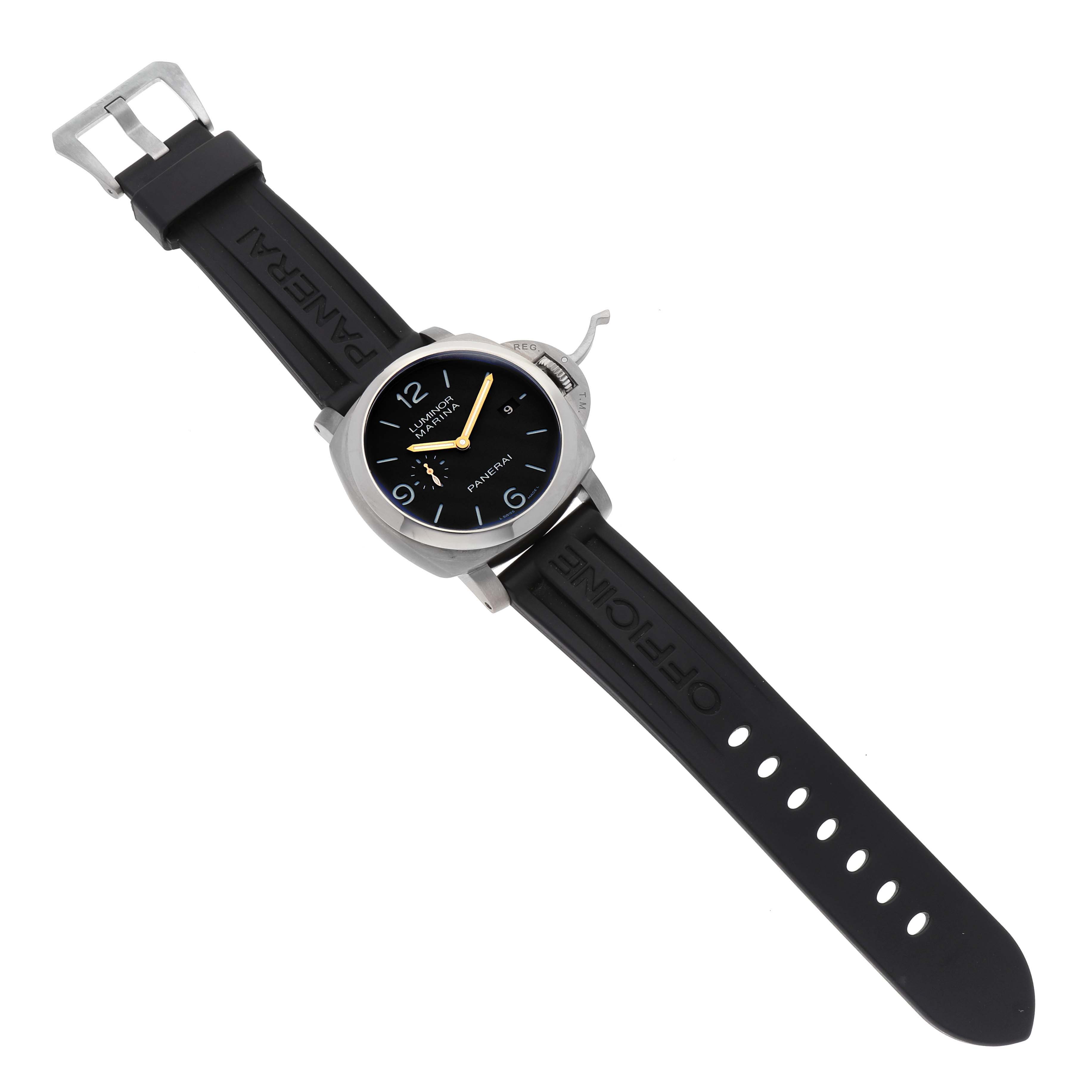 The image shows a top-down view of a Panerai Luminor PAM00351 Men's Titanium Brown Dial PAM00351 Men's Titanium Brown Dial watch with its black strap and silver buckle visible.