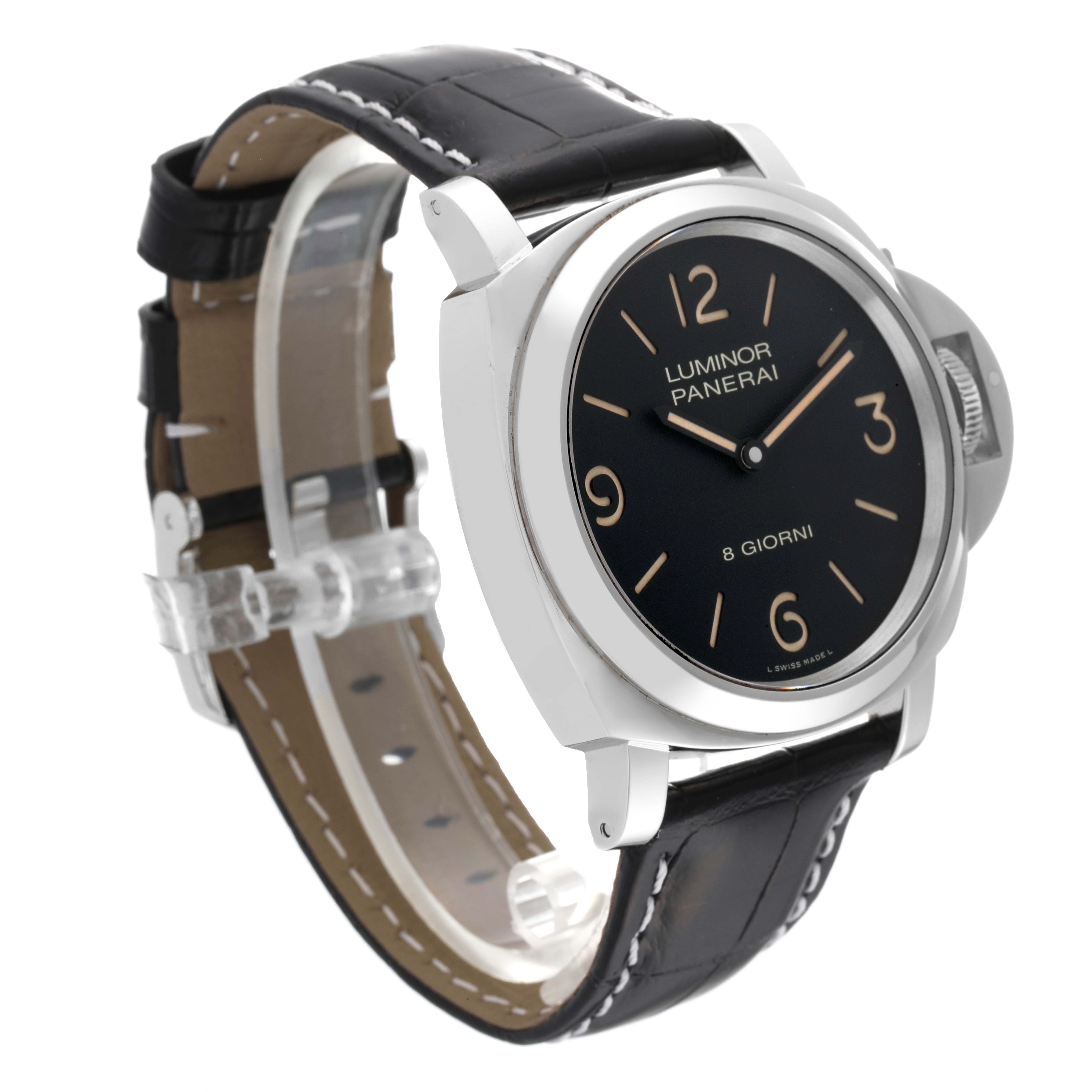The image shows a Panerai Luminor PAM00914 Men's Stainless Steel Black Dial PAM00914 Men's Stainless Steel Black Dial watch at a three-quarter angle, highlighting the watch face, bezel, crown guard, and leather strap.