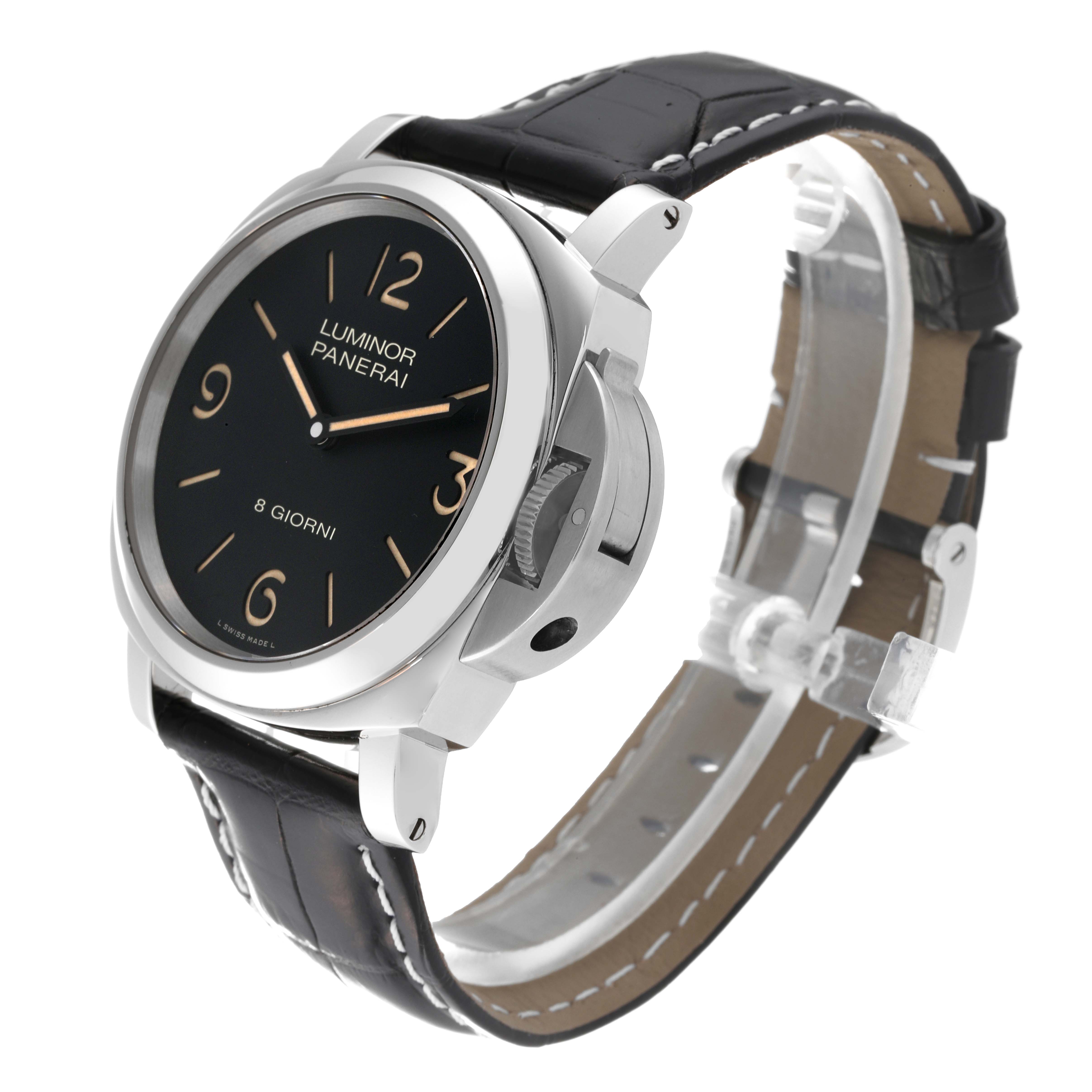 The image shows a Panerai Luminor PAM00914 Men's Stainless Steel Black Dial PAM00914 Men's Stainless Steel Black Dial watch at a three-quarter angle, highlighting its black dial, crown guard, and leather strap.