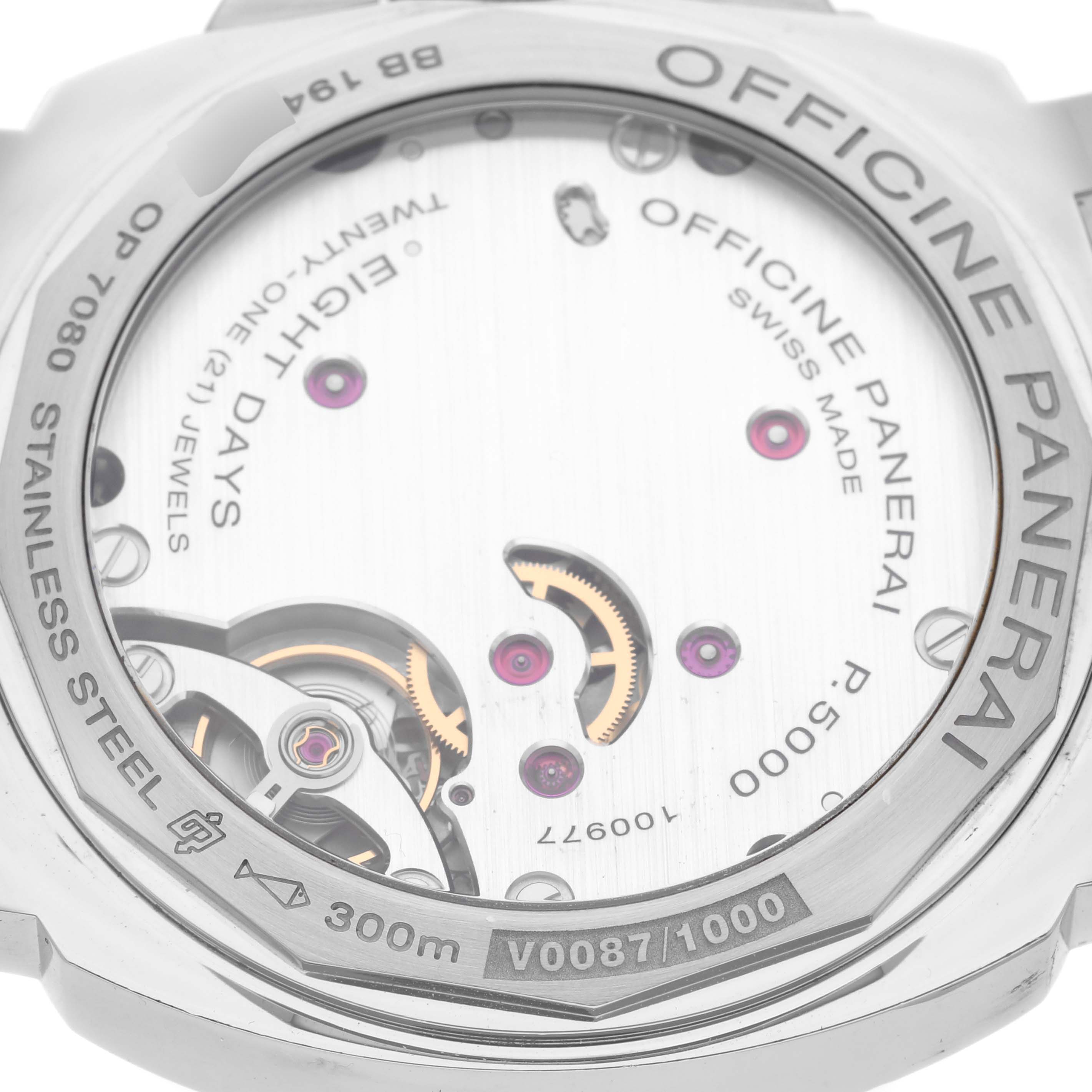 The image shows the back view of a Panerai Luminor PAM00914 Men's Stainless Steel Black Dial PAM00914 Men's Stainless Steel Black Dial watch, highlighting its stainless steel casing and internal mechanism.