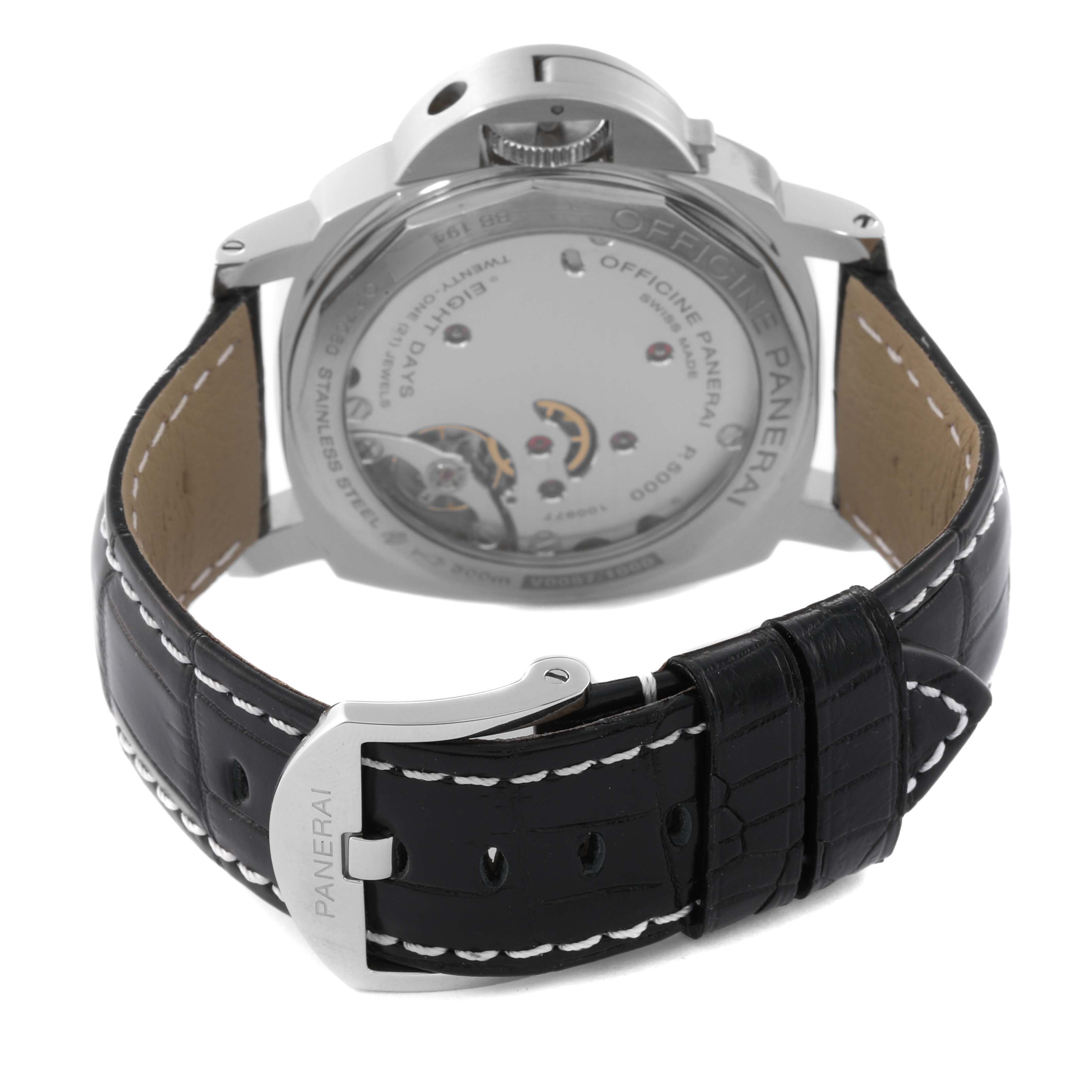 The image shows the back view of a Panerai Luminor PAM00914 Men's Stainless Steel Black Dial PAM00914 Men's Stainless Steel Black Dial watch, highlighting its movement and black leather strap.