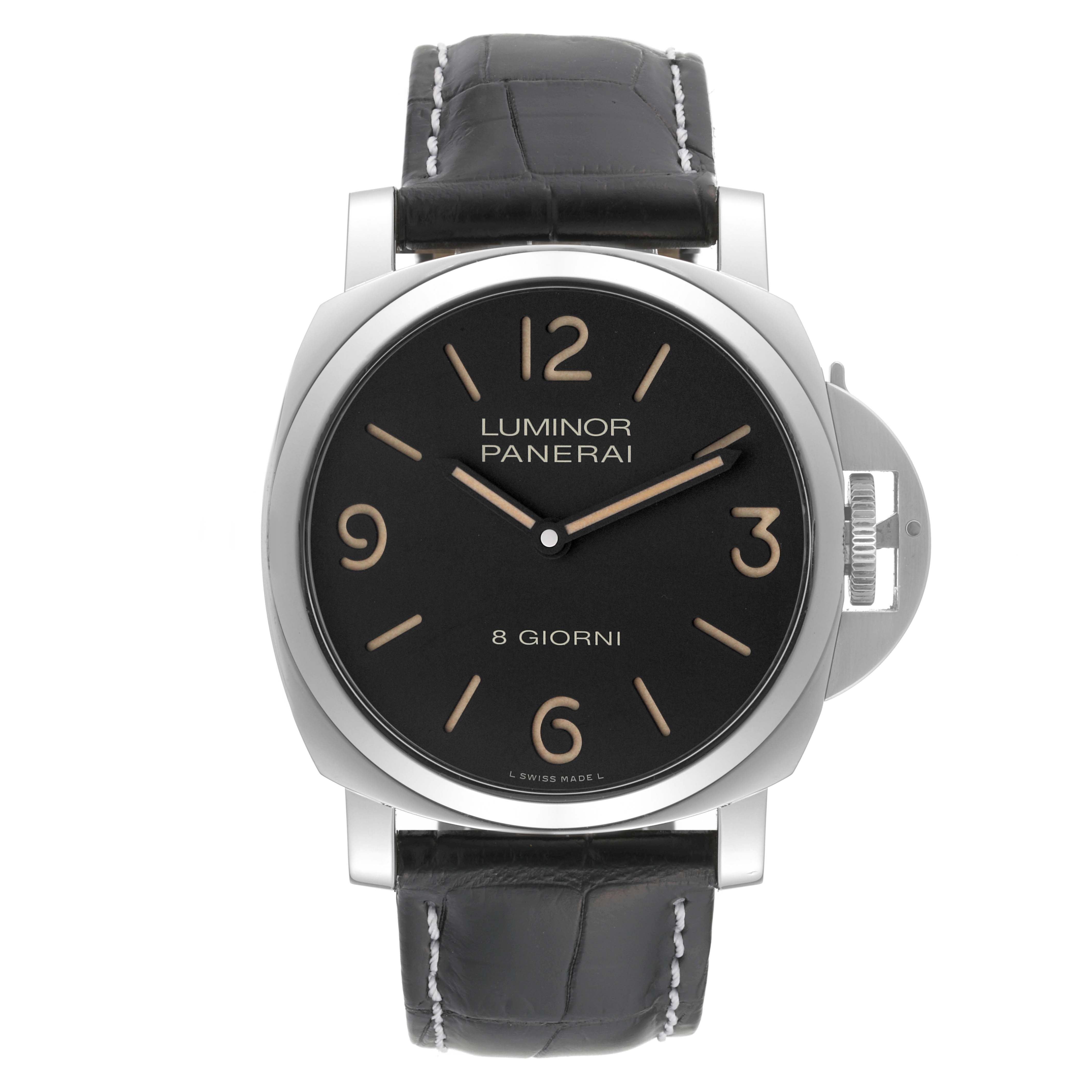 The image shows a front view of a Panerai Luminor PAM00914 Men's Stainless Steel Black Dial PAM00914 Men's Stainless Steel Black Dial watch, displaying its face, strap, and crown protector.