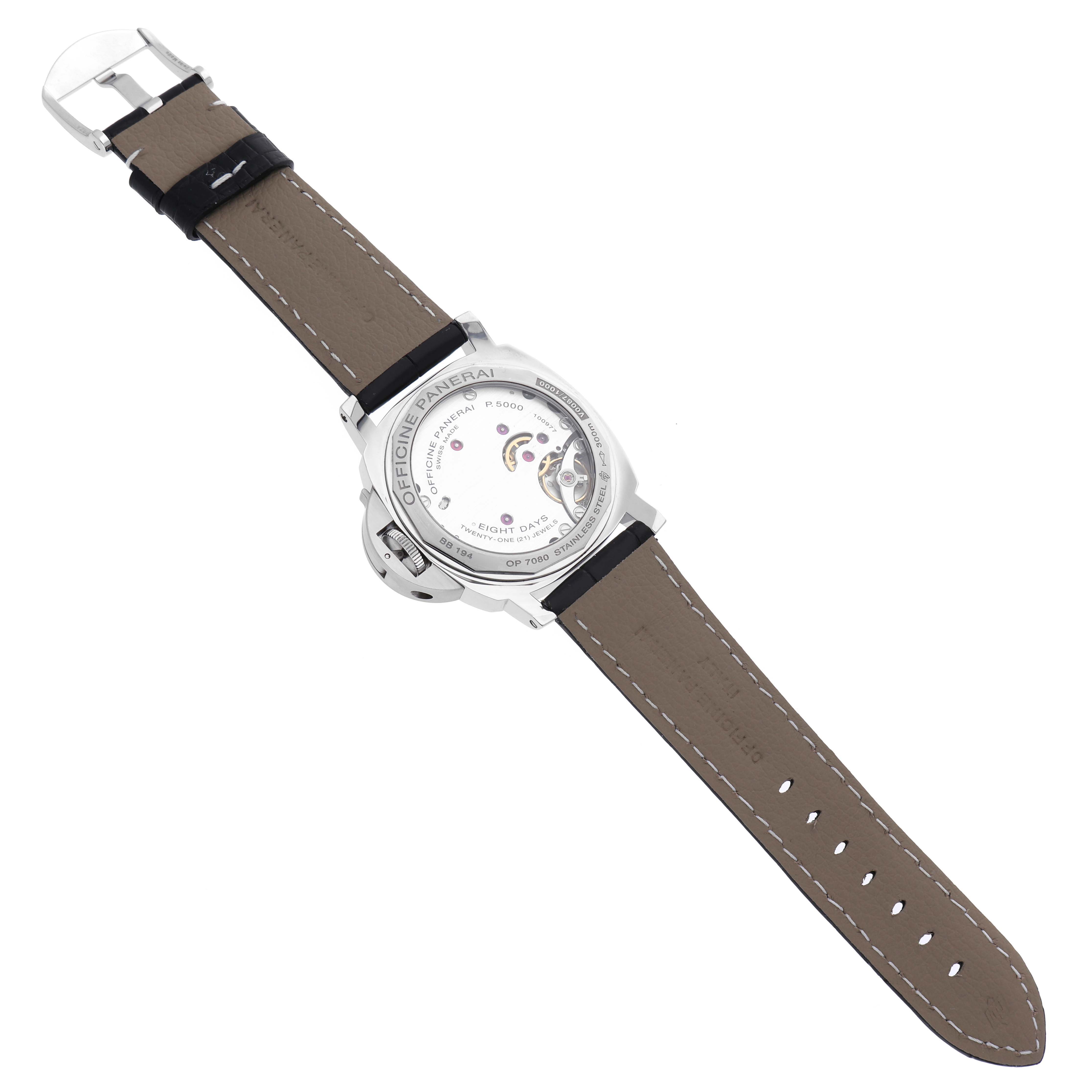 The image shows the back view of a Panerai Luminor PAM00914 Men's Stainless Steel Black Dial PAM00914 Men's Stainless Steel Black Dial watch, highlighting the movement through the transparent case back and the leather strap.