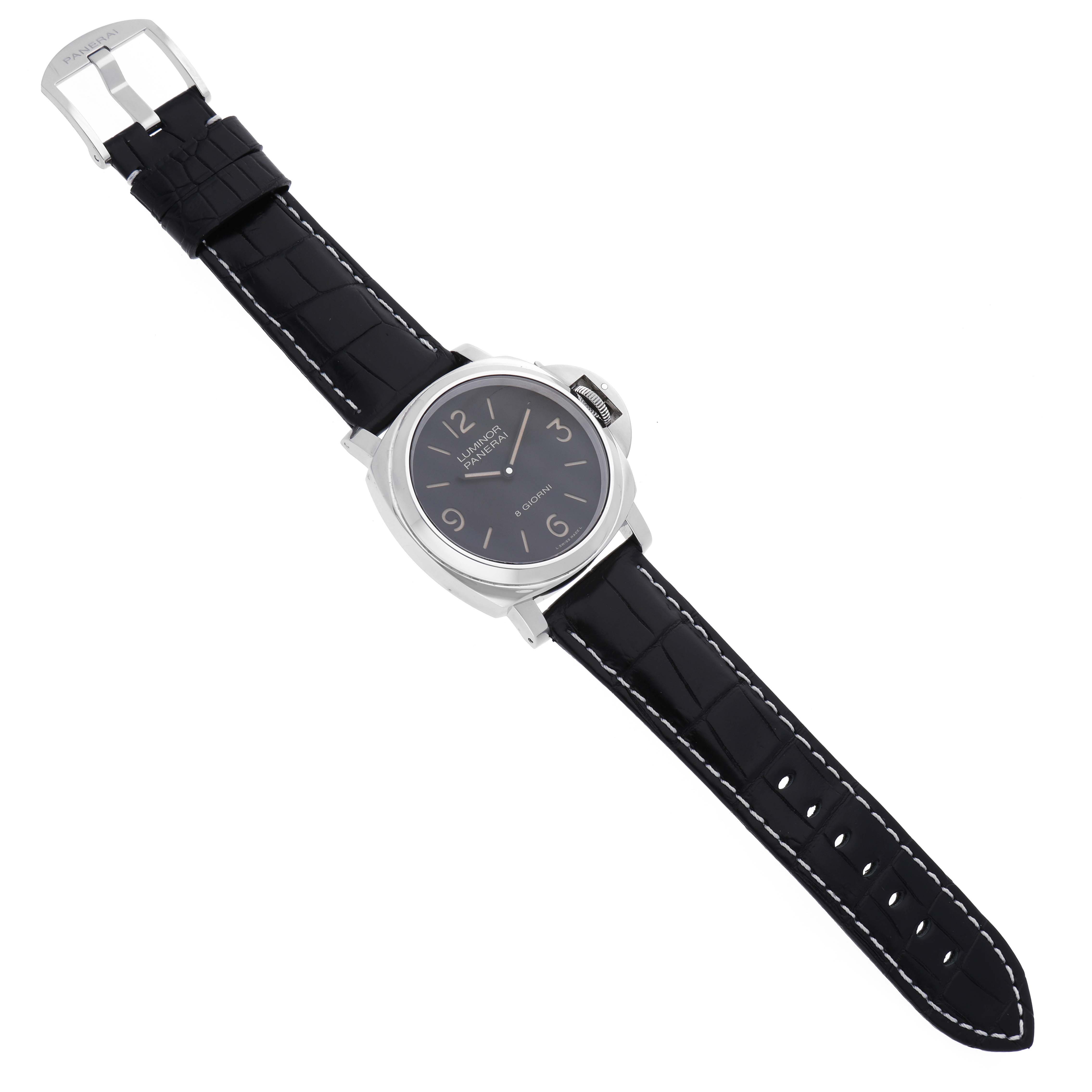 The Panerai Luminor PAM00914 Men's Stainless Steel Black Dial PAM00914 Men's Stainless Steel Black Dial watch is shown from a top-down angle, displaying its face, case, crown guard, and black leather strap.